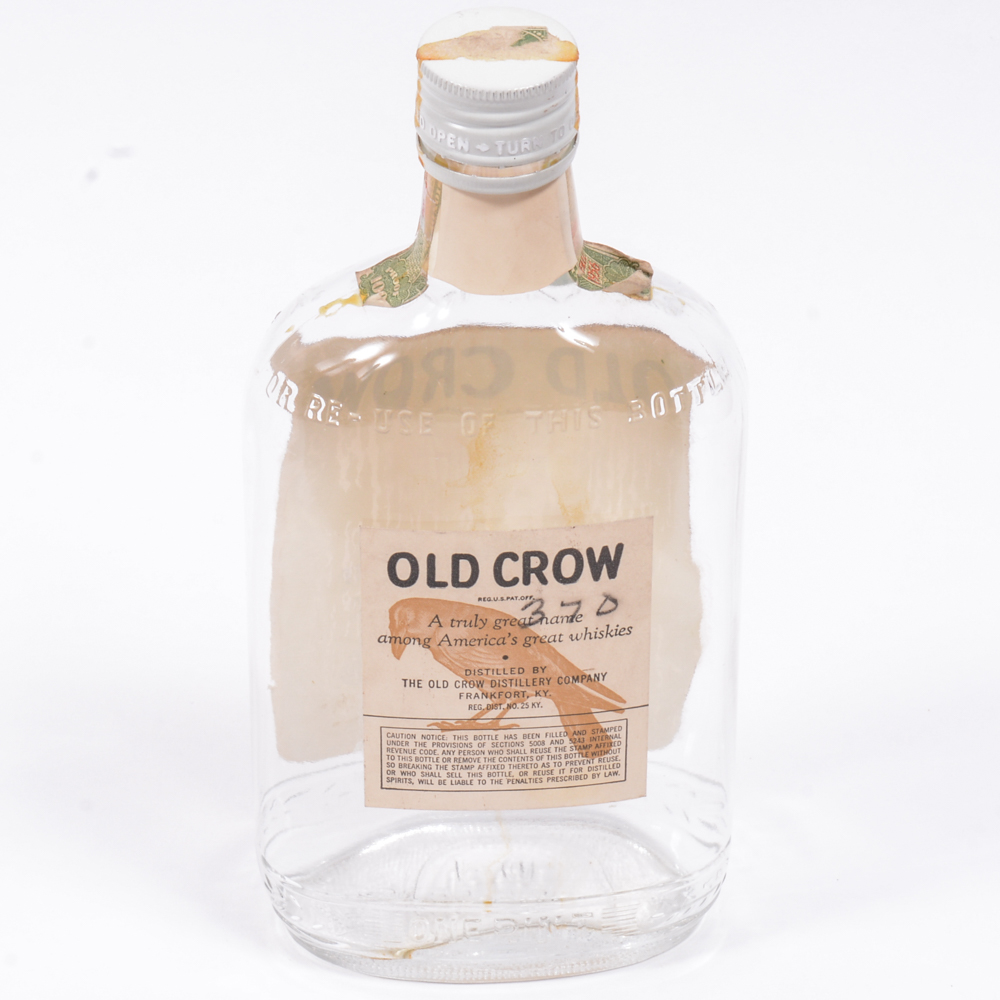 Vintage Old Crow Whiskey Bottles And Logo Figurine