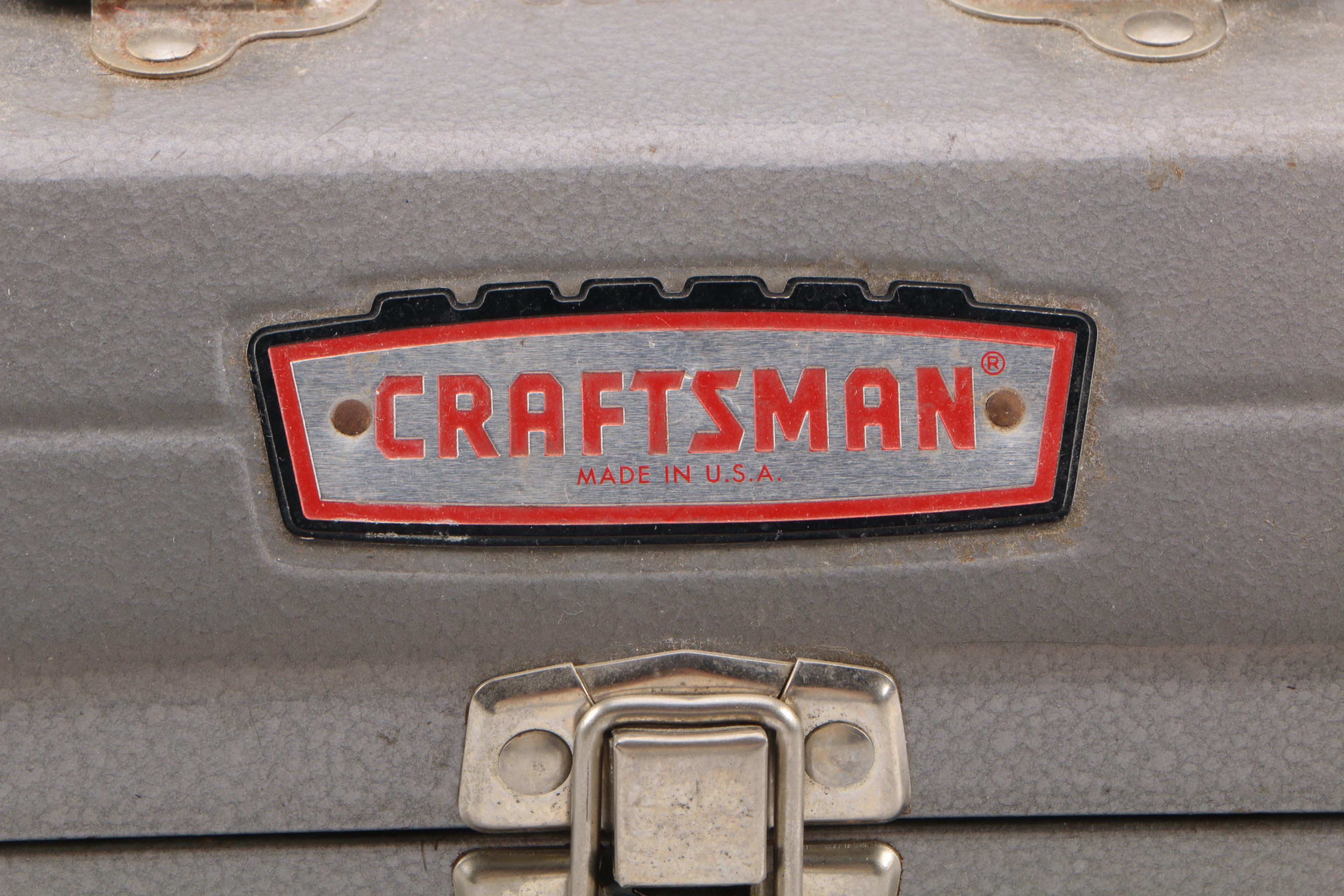 Rectangular Gray Craftsman Tool Box with Tools