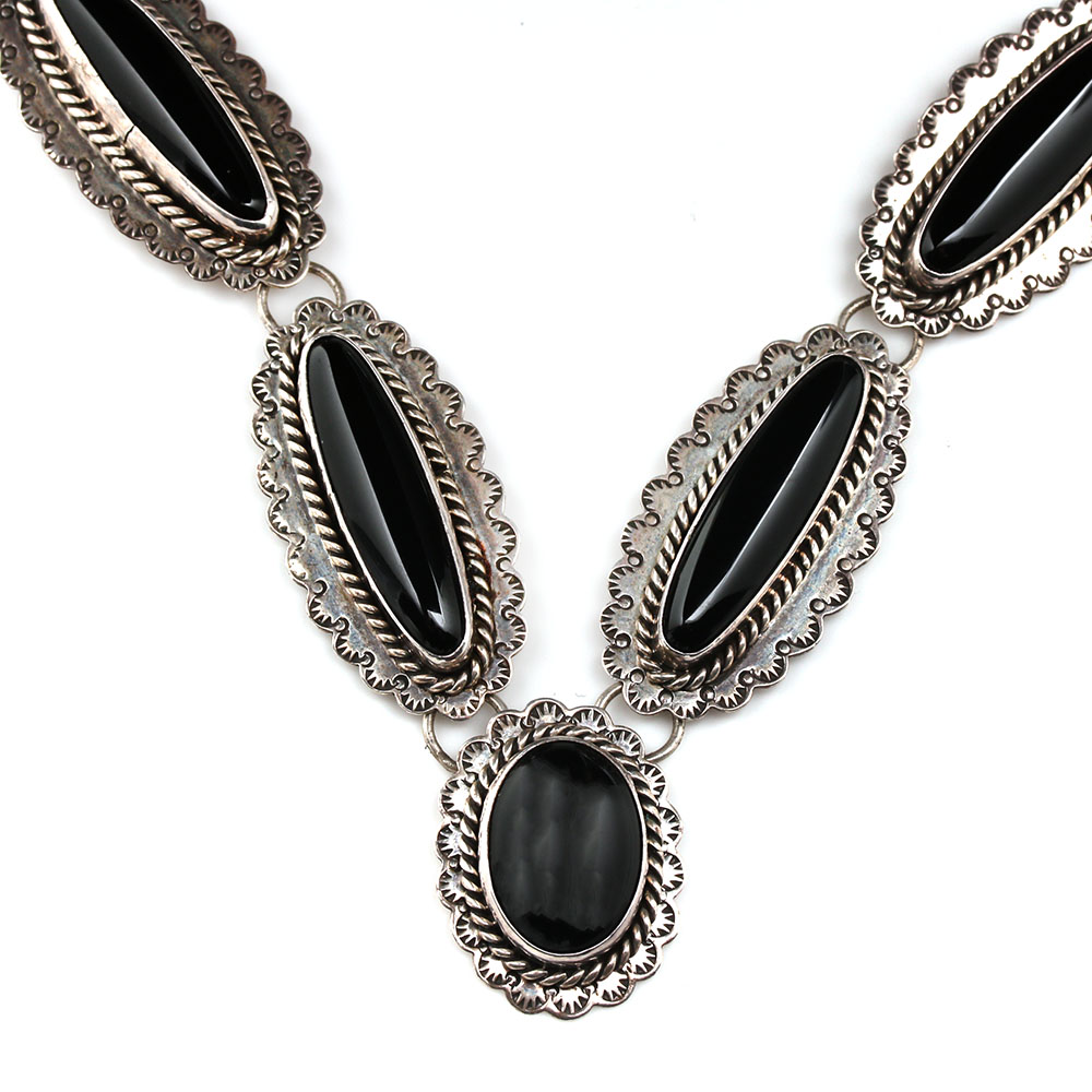 Sara Platero Navajo Diné Sterling Silver Black Onyx Concho Necklace