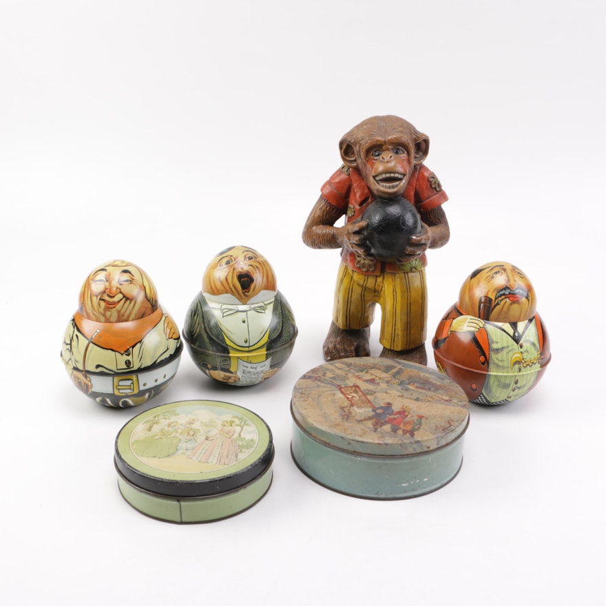 Vintage Bowling Monkey, Antique Tins, 1912 Reproduction Bristolware