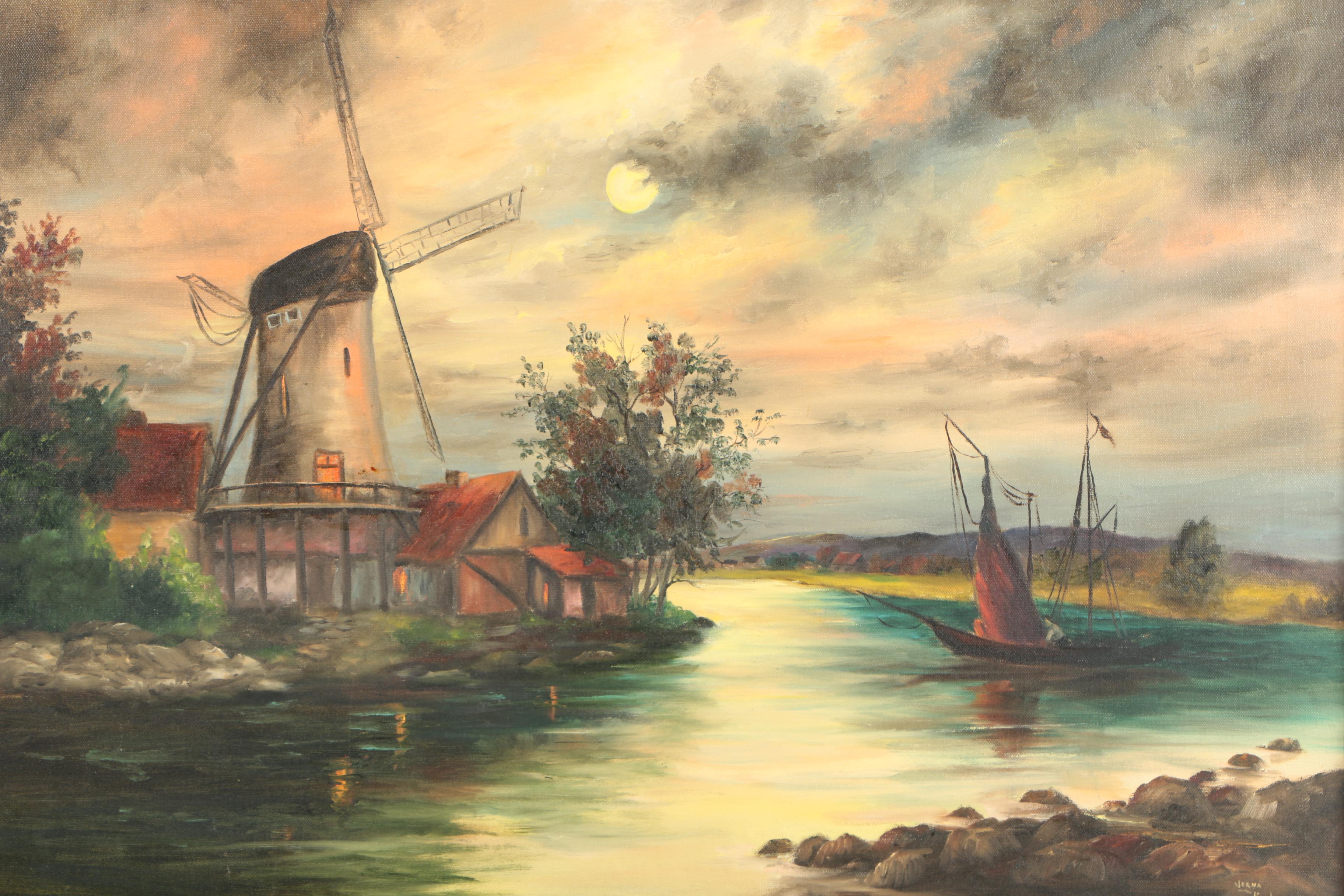 Verna Fisher Oil Painting of a Waterfront Windmill