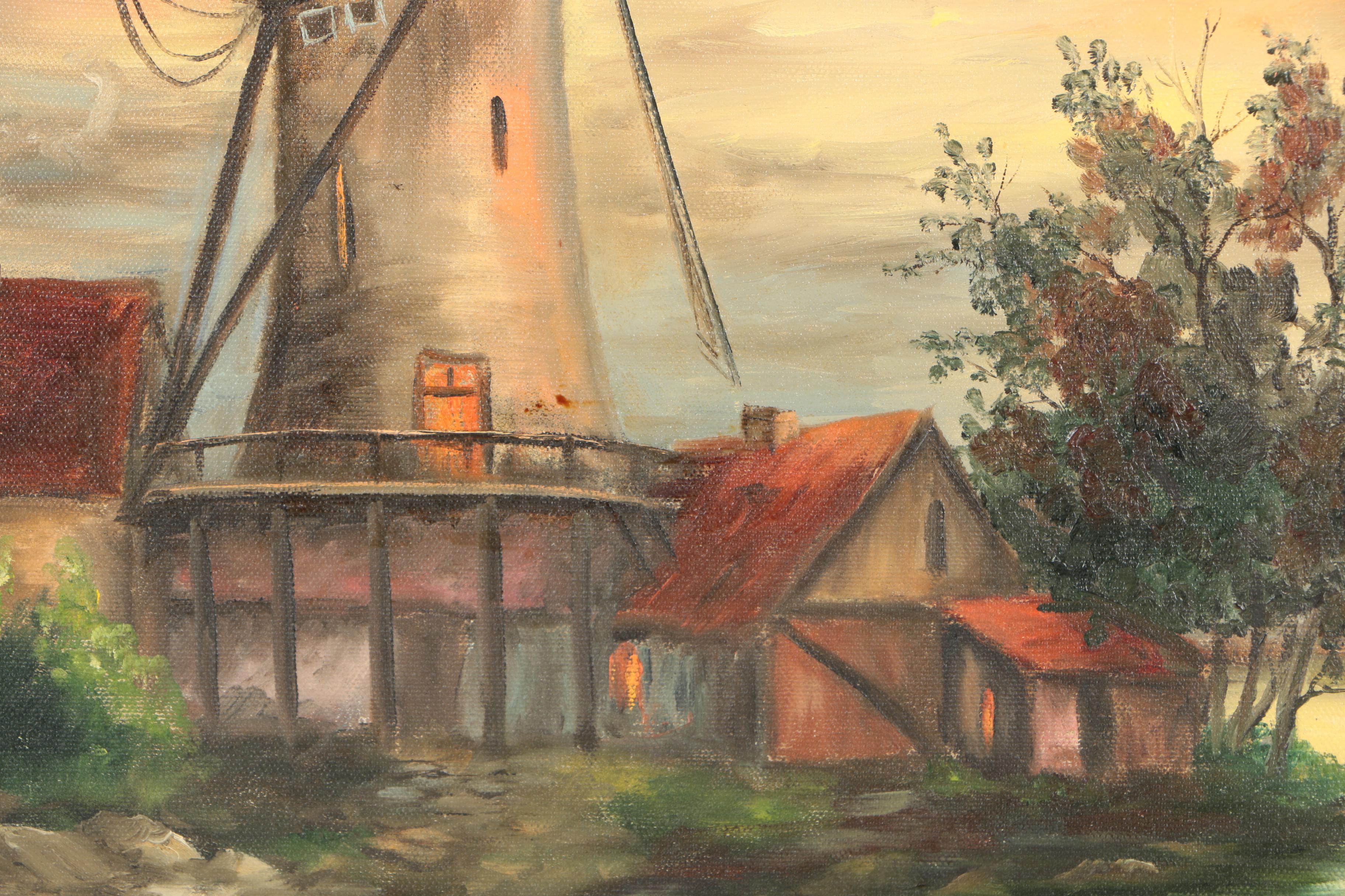 Verna Fisher Oil Painting of a Waterfront Windmill