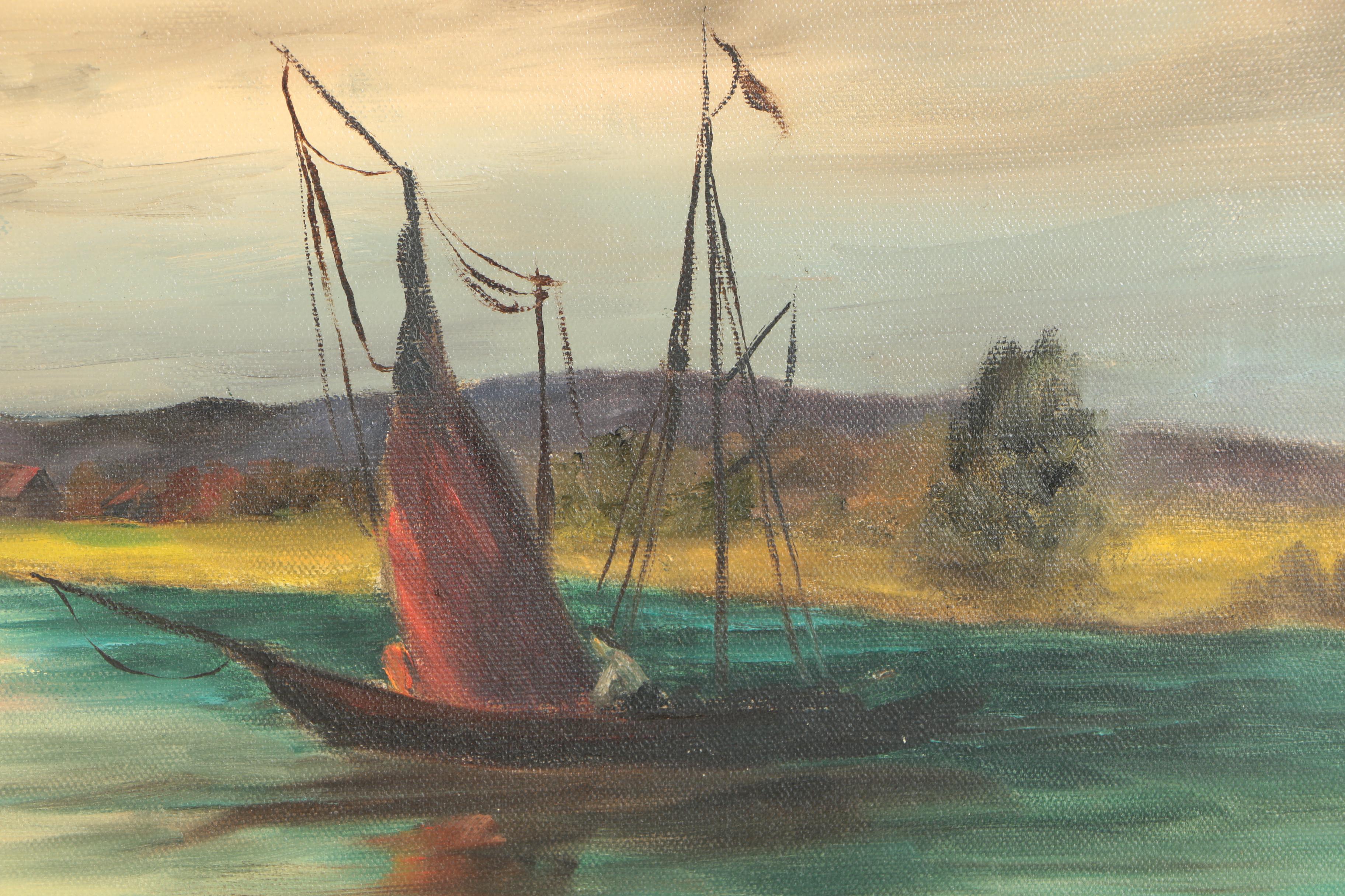 Verna Fisher Oil Painting of a Waterfront Windmill