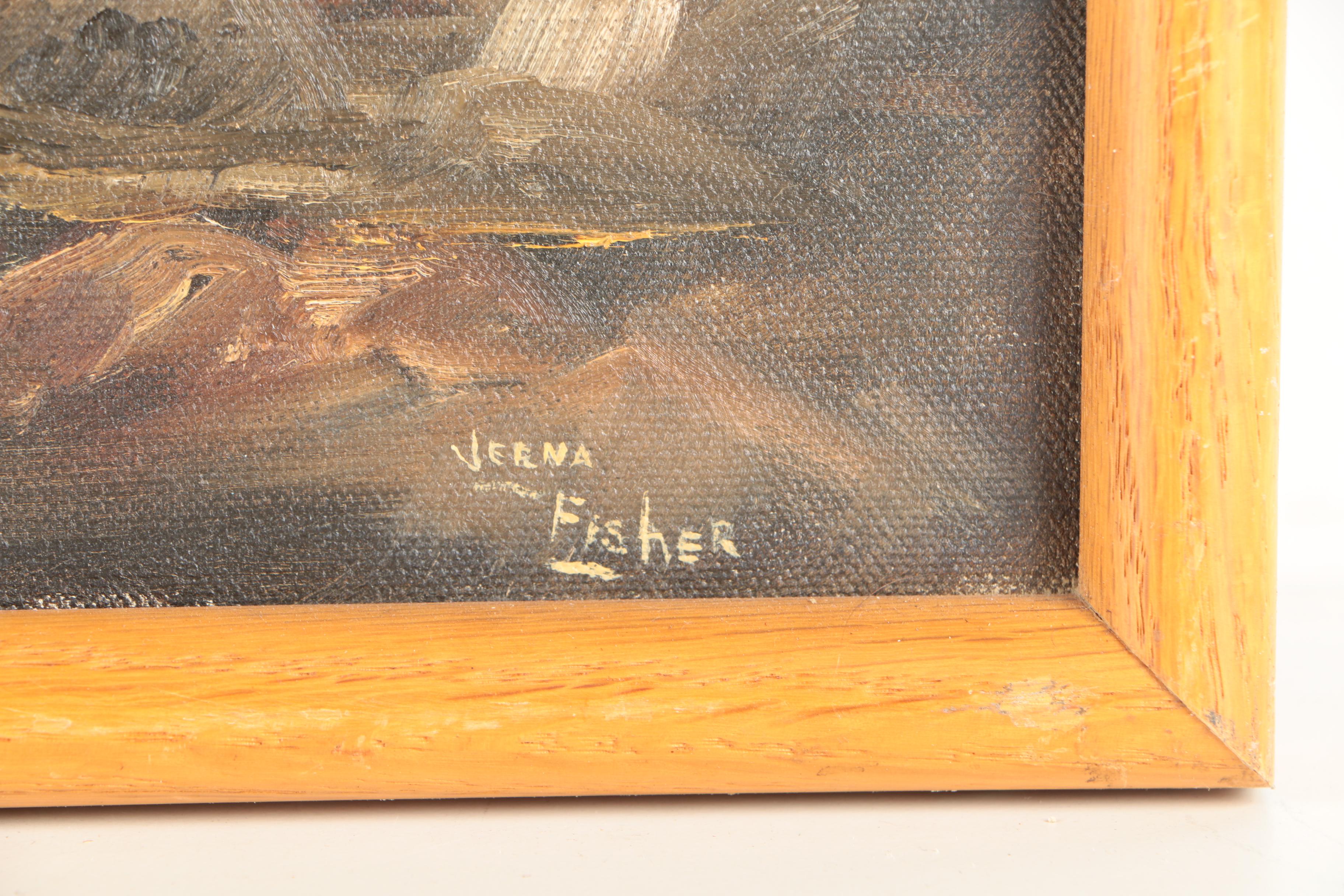 Verna Fisher Oil Painting of a Waterfront Windmill