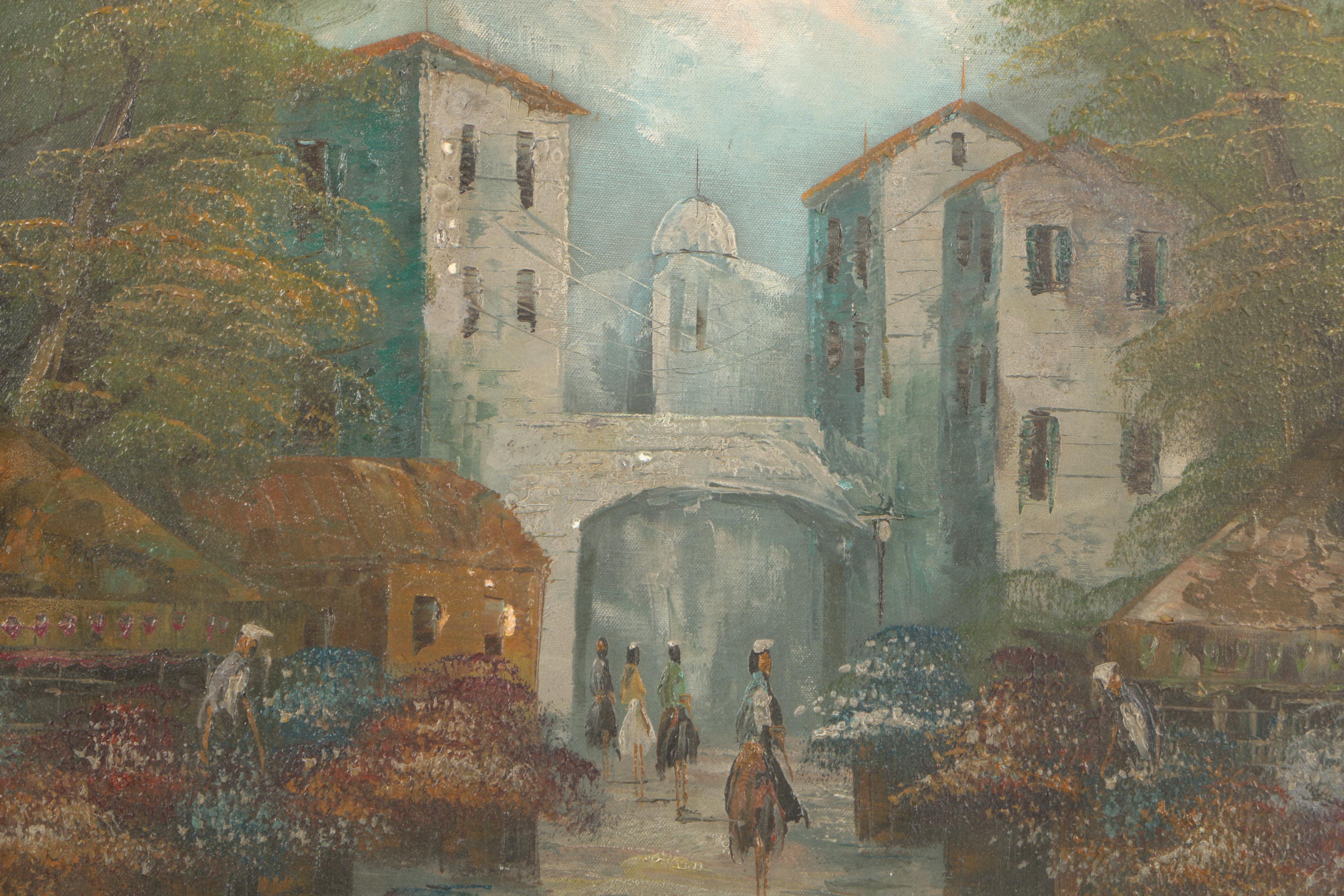 Neumann Mid-Century Oil Painting on Canvas of European Street Scene