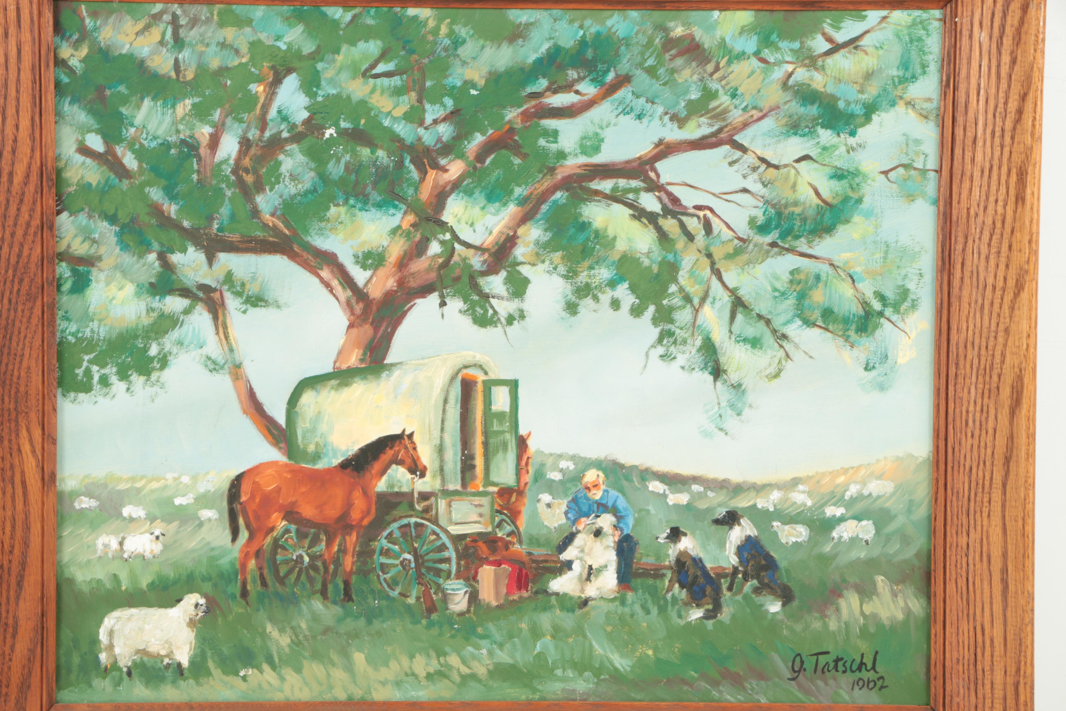 G. Tatschl Oil Painting of Man Shearing Sheep