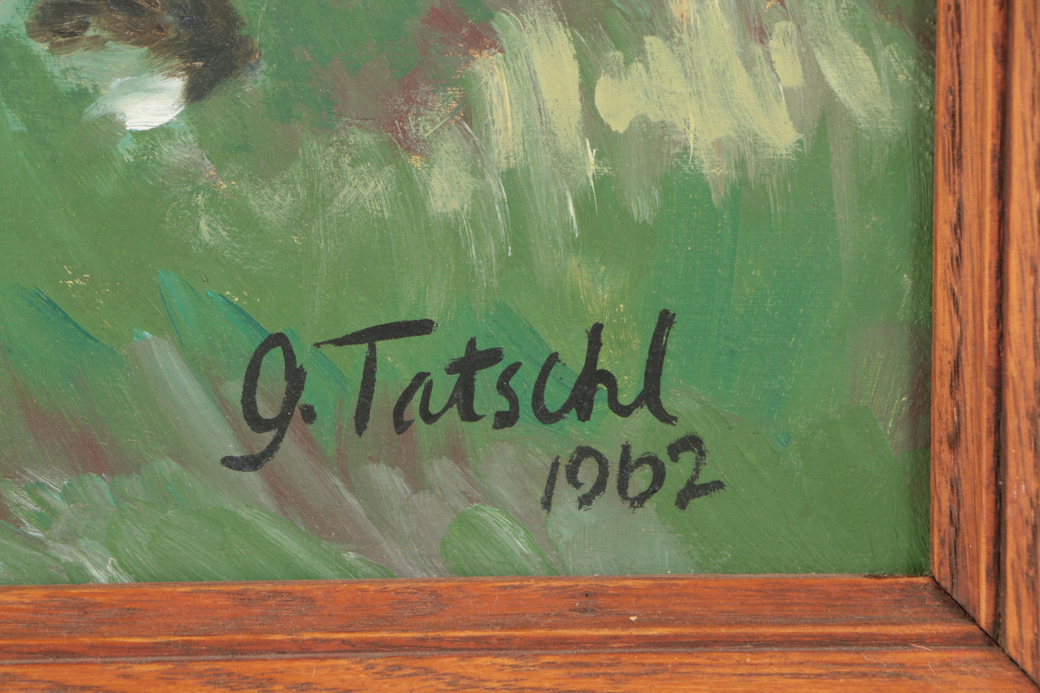 G. Tatschl Oil Painting of Man Shearing Sheep