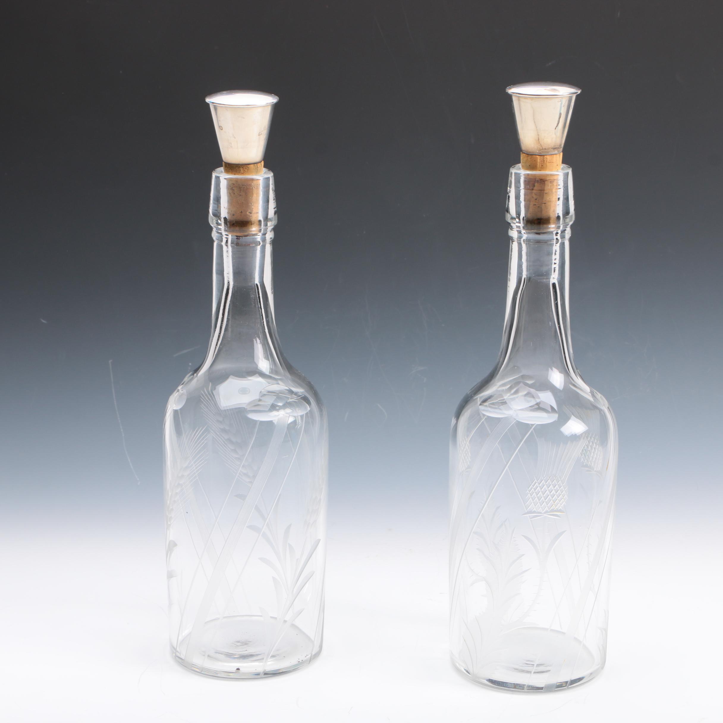 Etched Glass Decanters with Sterling Stoppers
