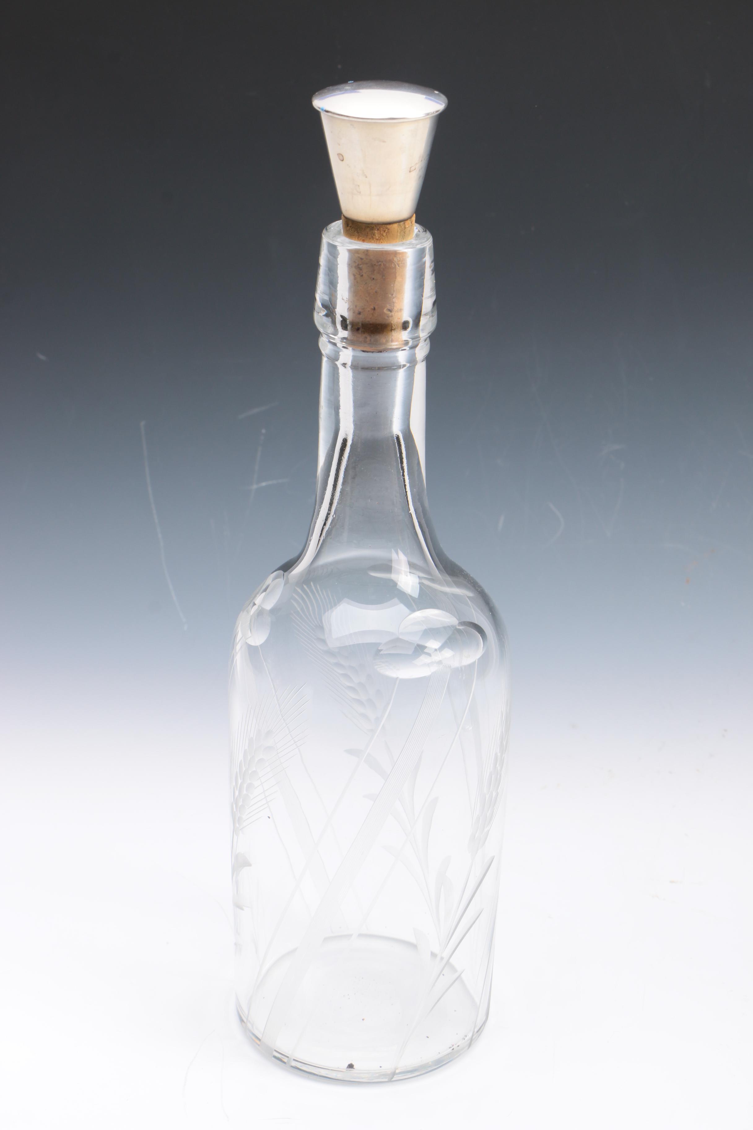 Etched Glass Decanters with Sterling Stoppers