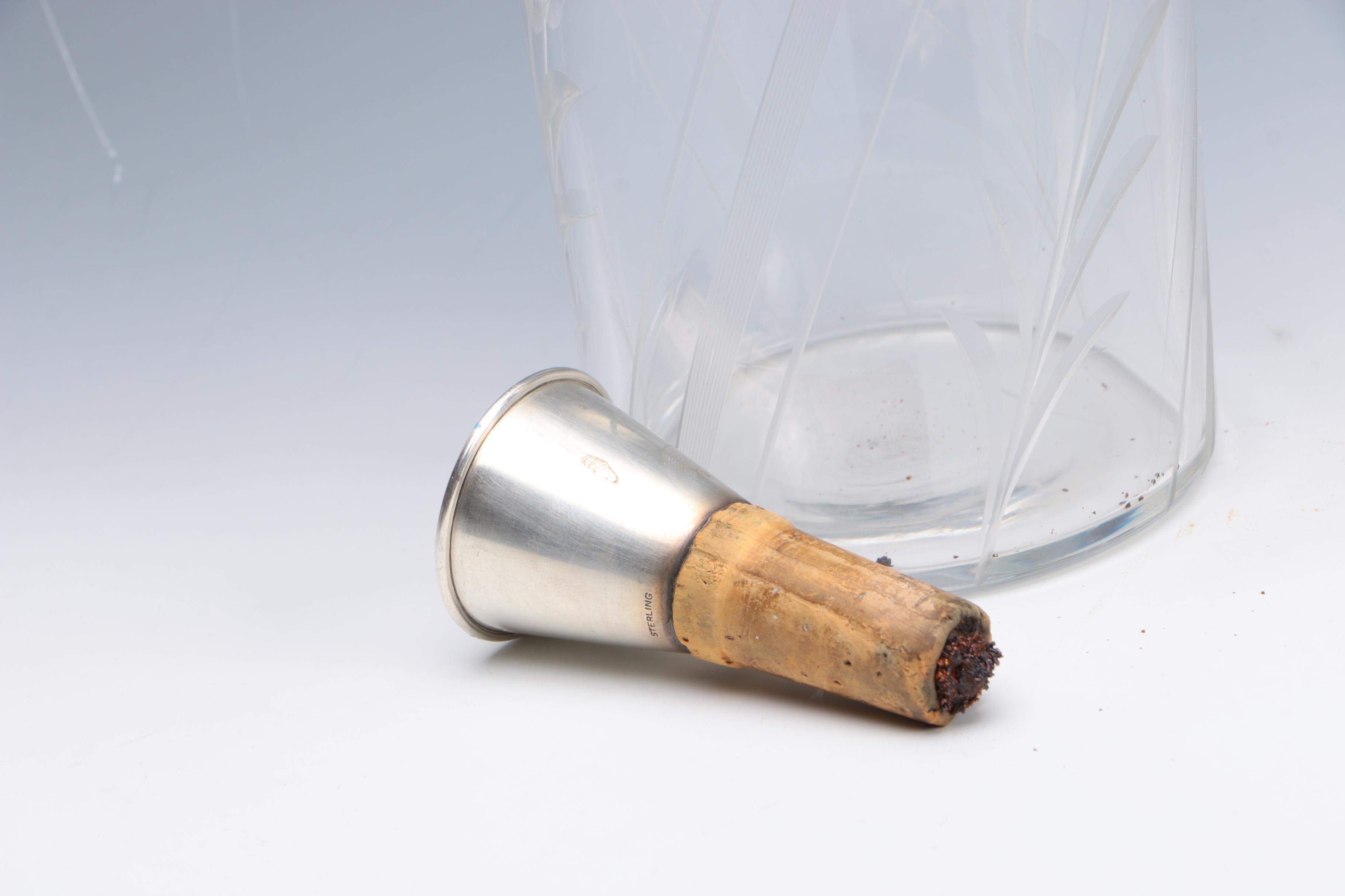 Etched Glass Decanters with Sterling Stoppers