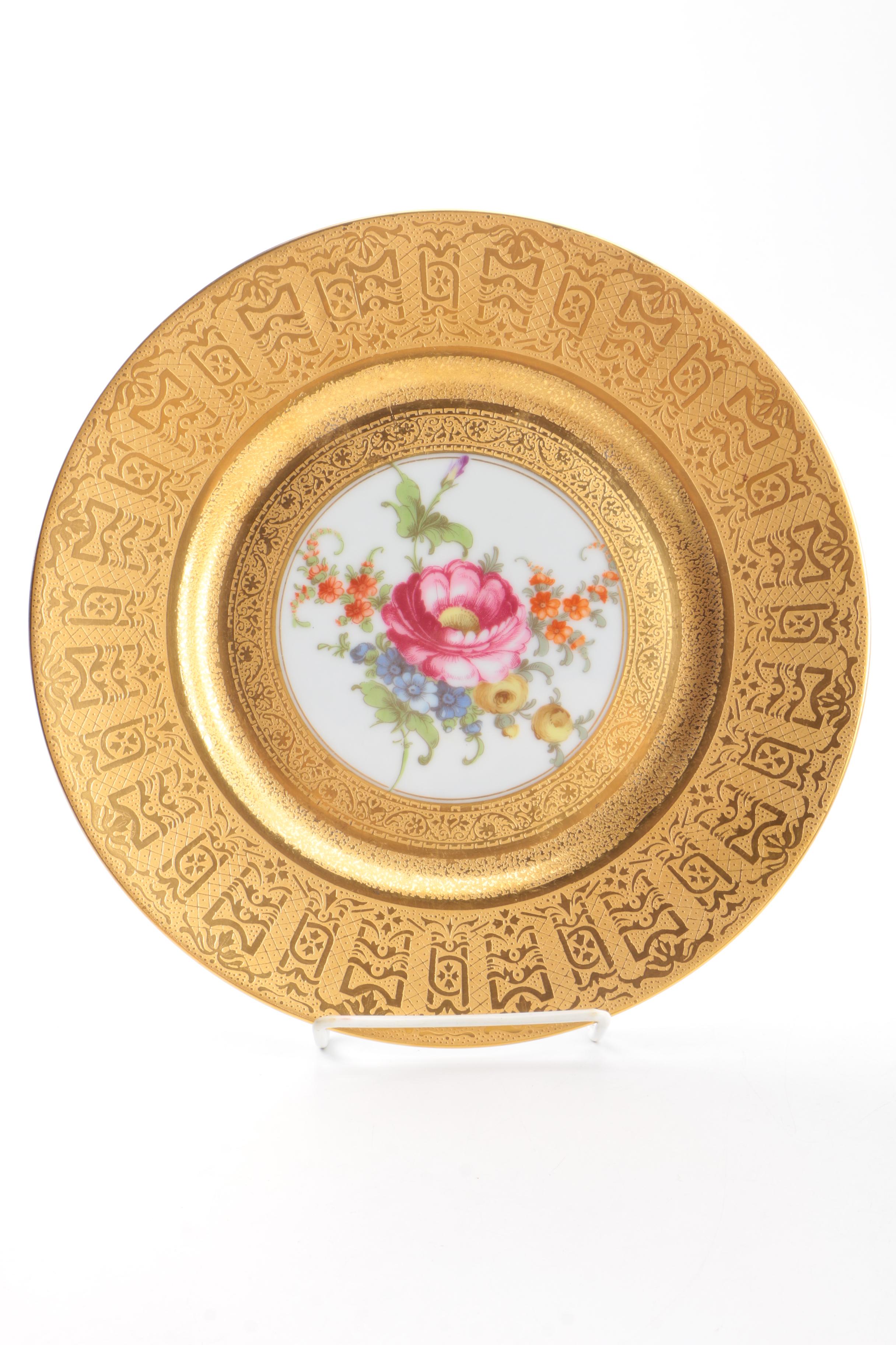 Twelve Floral Motif Gold Tone Ceramic Dinner Plates