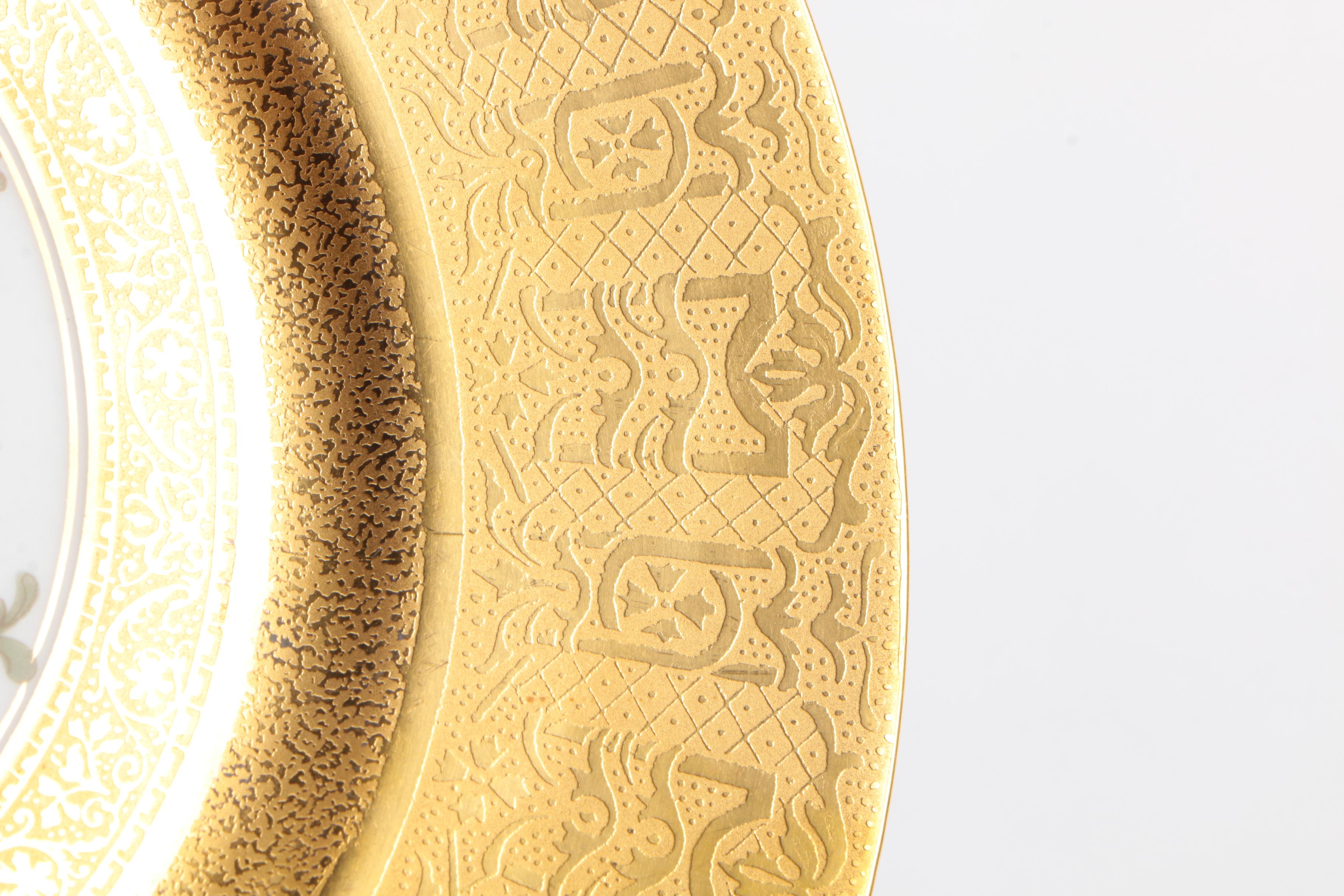 Twelve Floral Motif Gold Tone Ceramic Dinner Plates