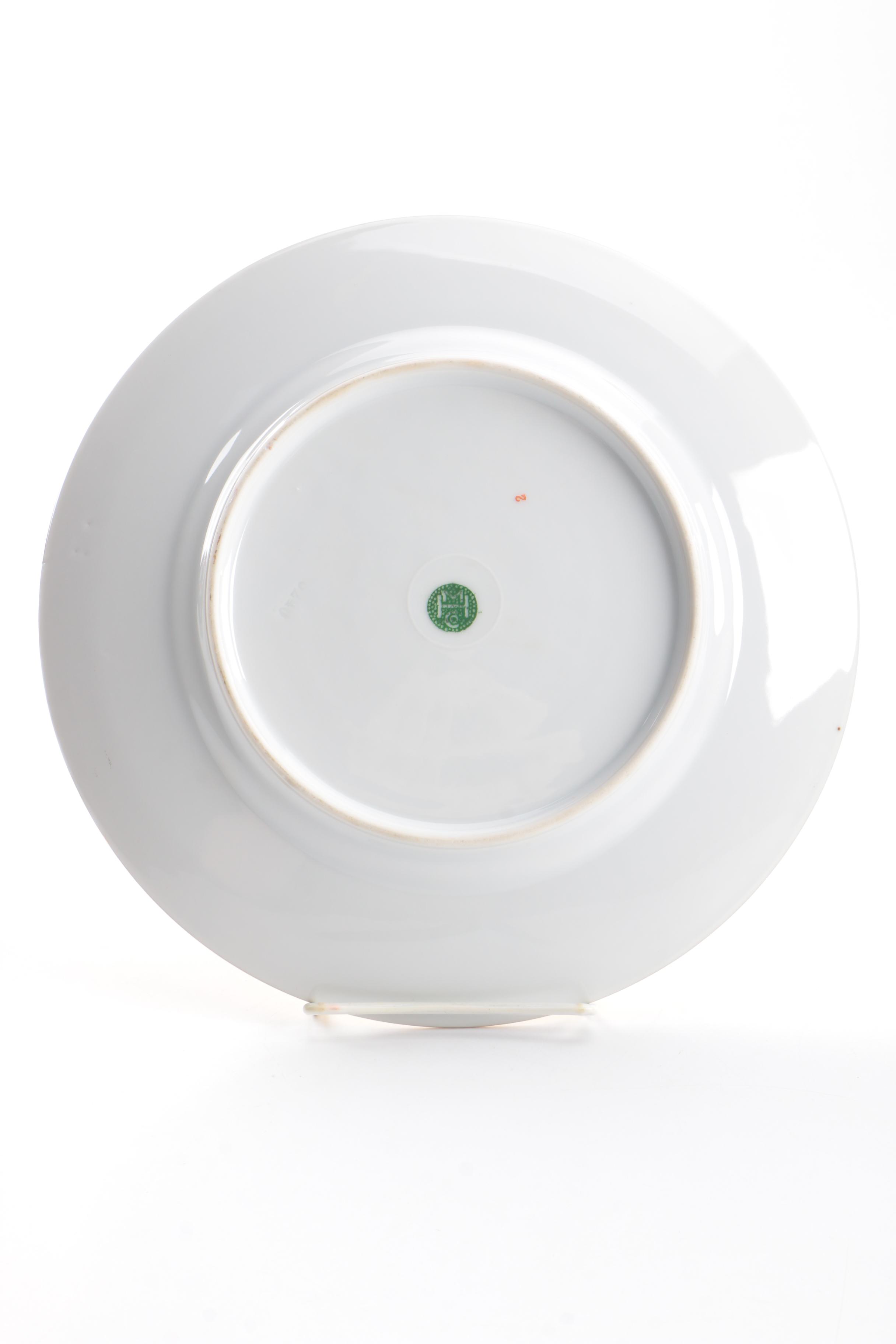 Twelve Floral Motif Gold Tone Ceramic Dinner Plates