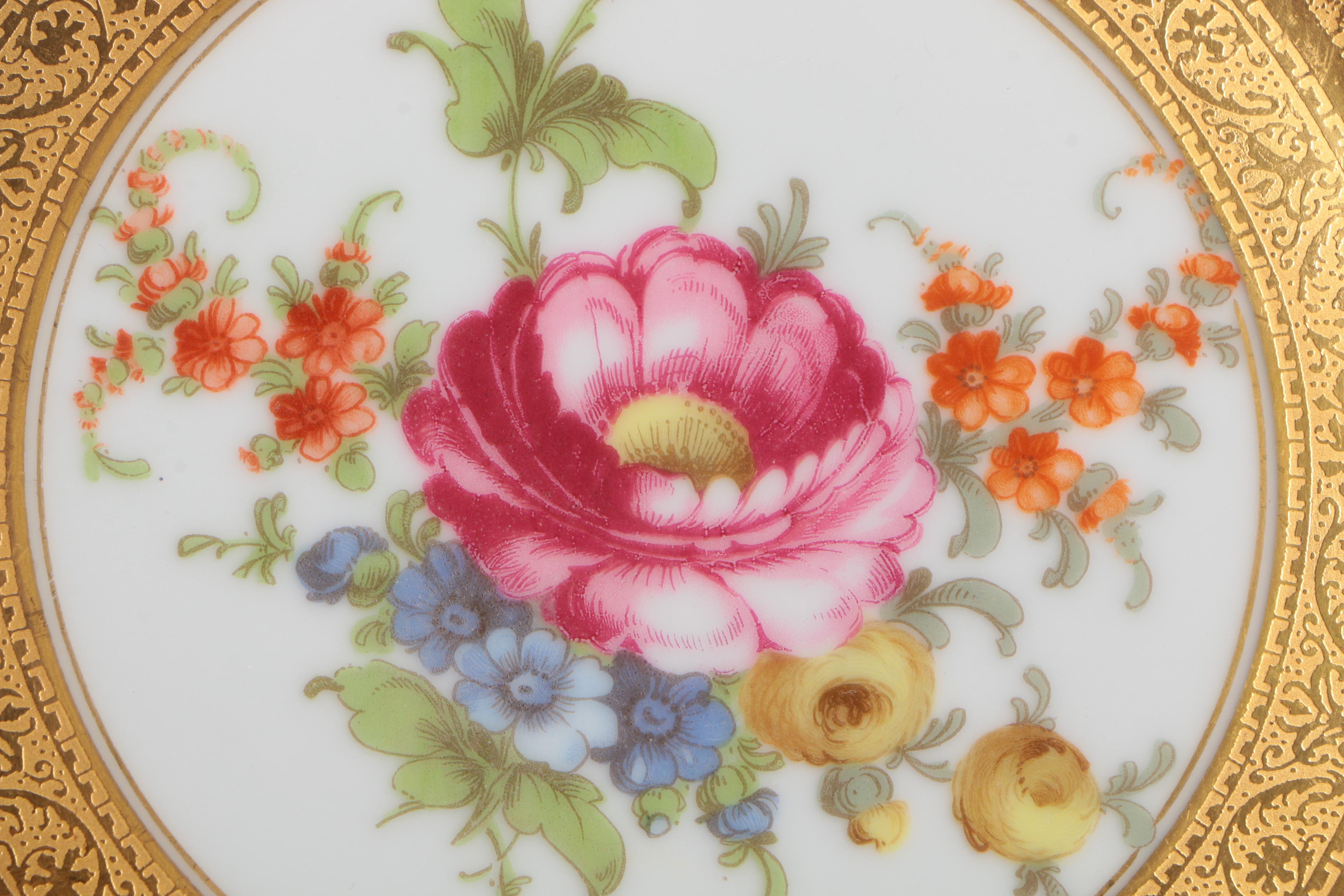 Twelve Floral Motif Gold Tone Ceramic Dinner Plates
