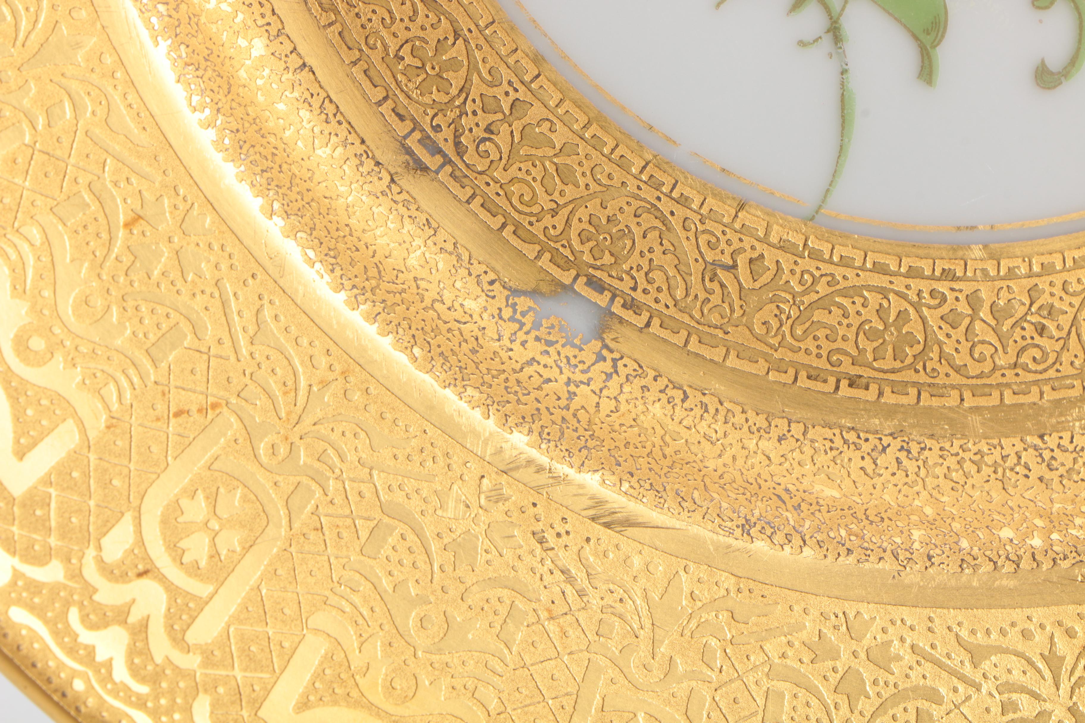 Twelve Floral Motif Gold Tone Ceramic Dinner Plates