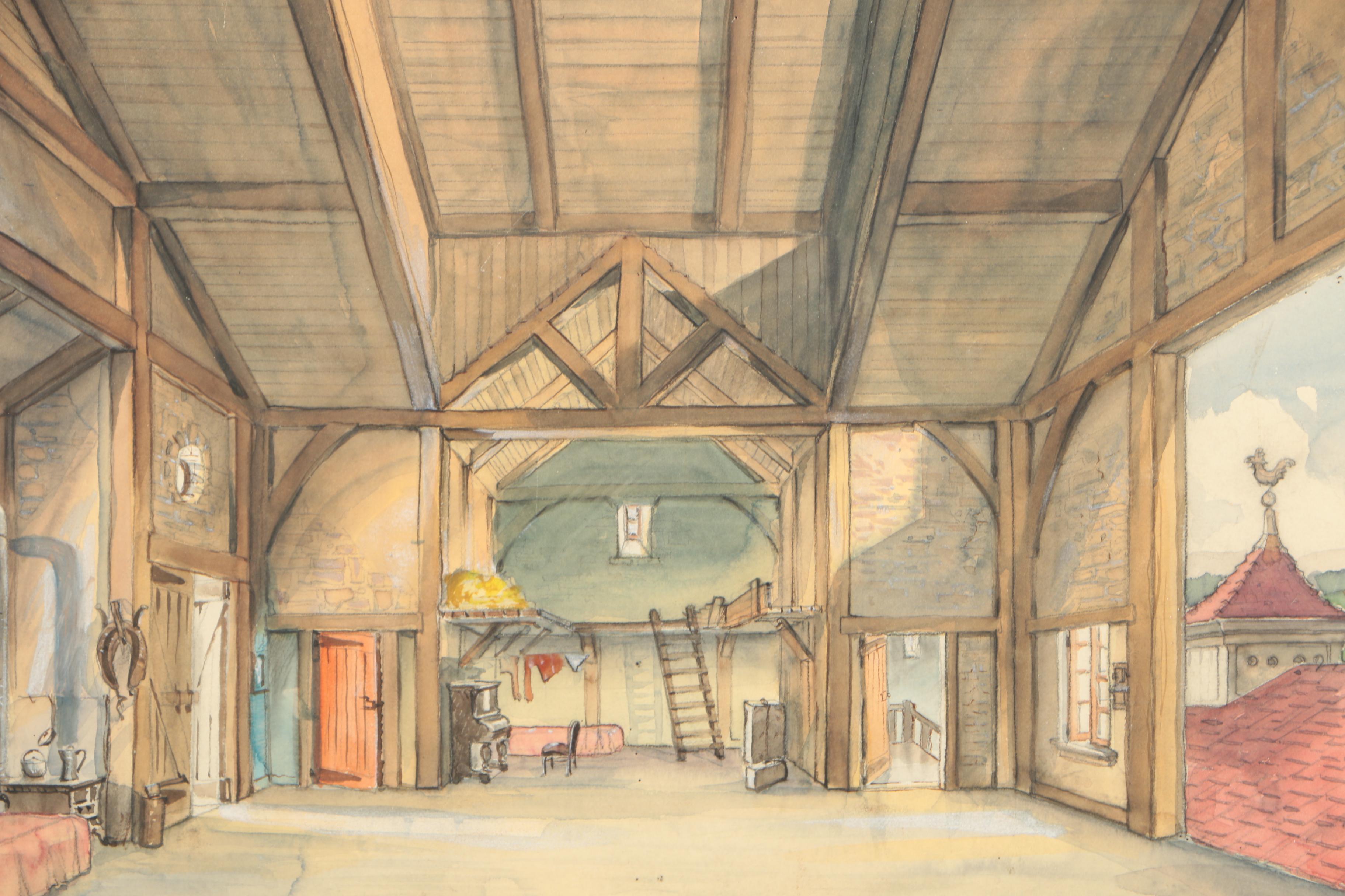 T. Domela Charcoal and Watercolor Illustration of a Stage Set