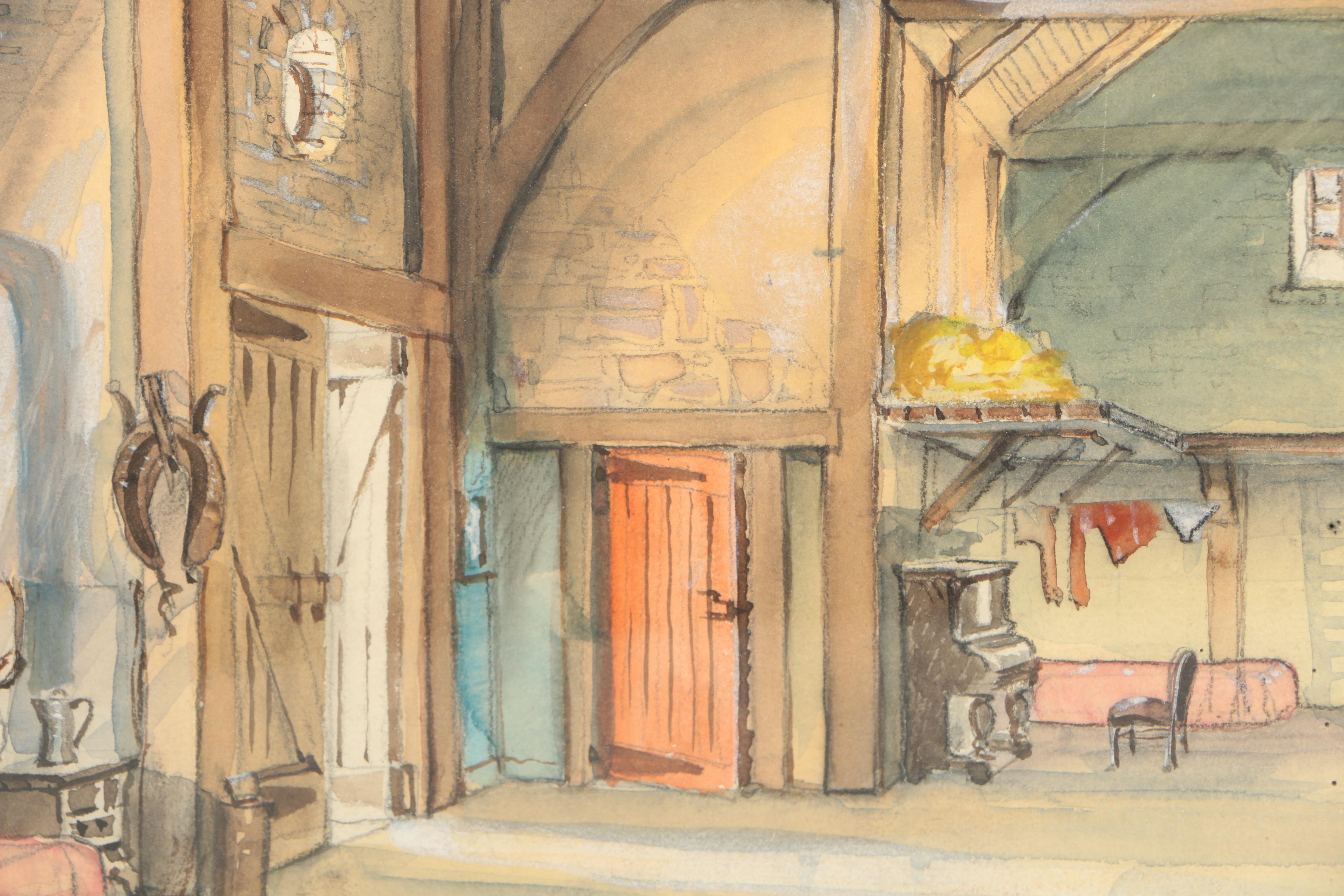 T. Domela Charcoal and Watercolor Illustration of a Stage Set