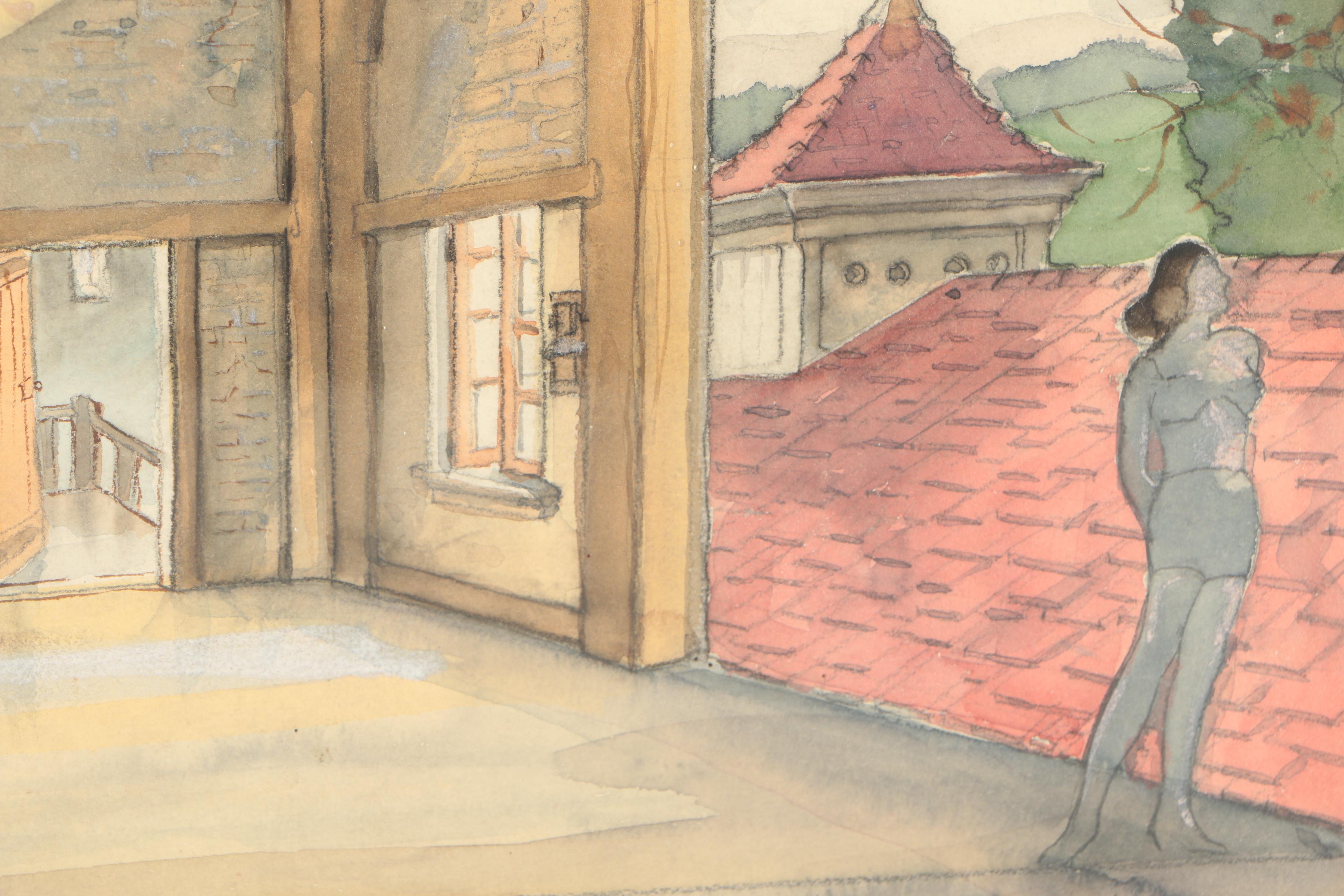 T. Domela Charcoal and Watercolor Illustration of a Stage Set