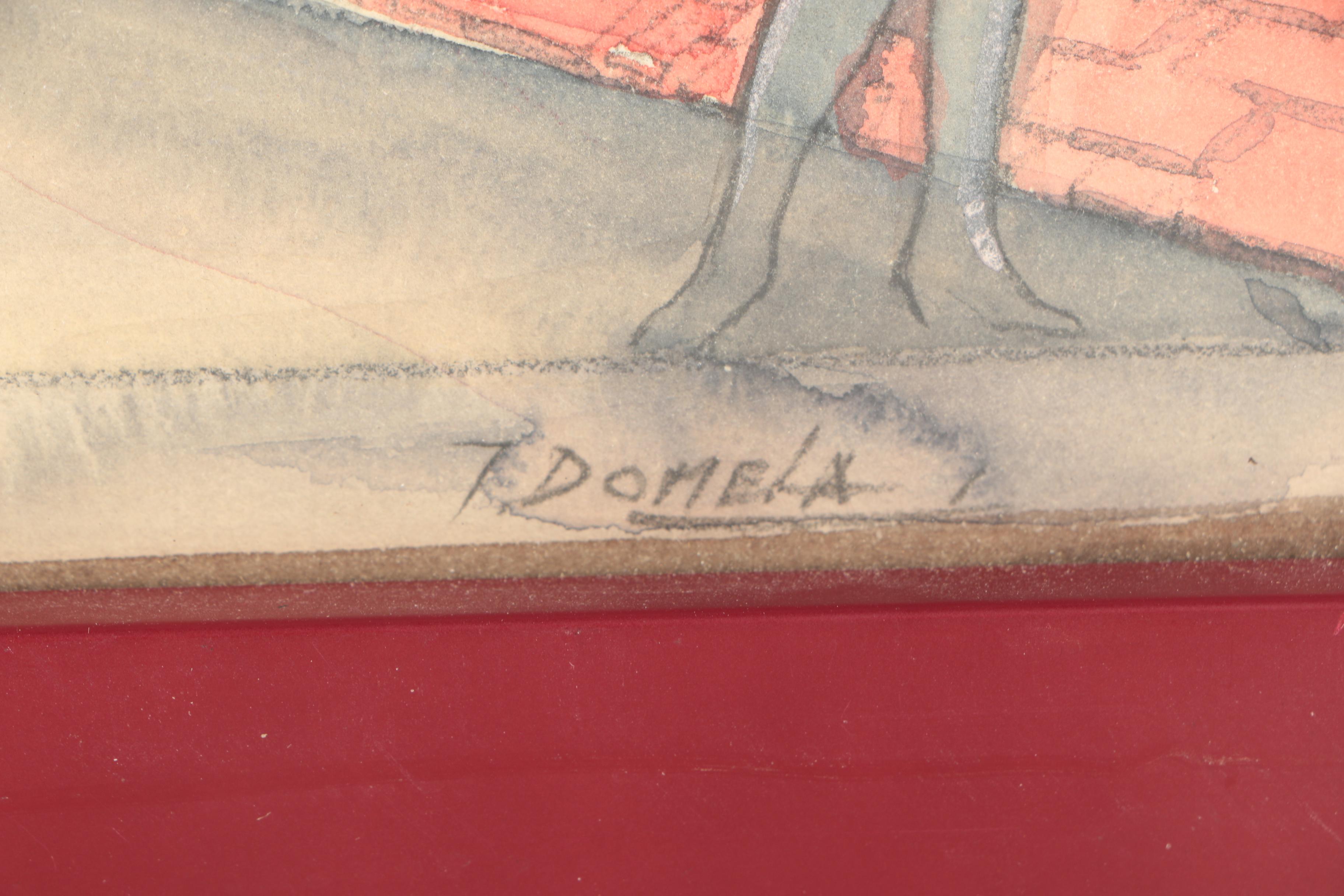 T. Domela Charcoal and Watercolor Illustration of a Stage Set