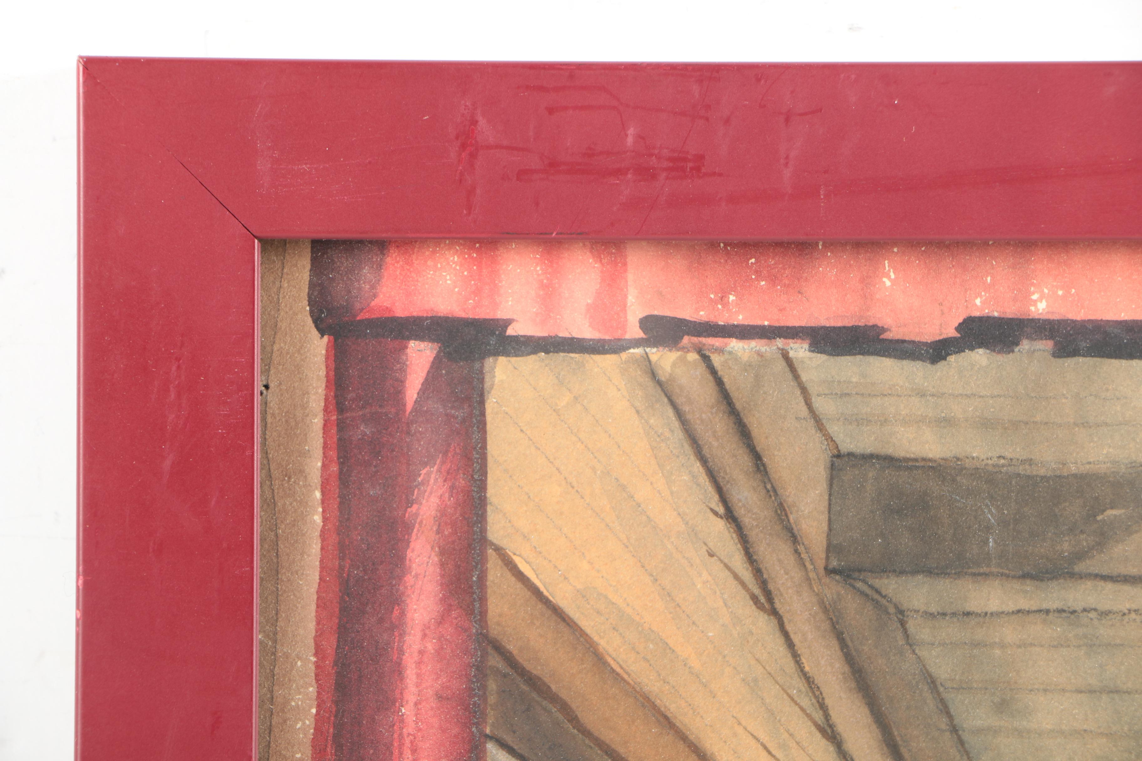 T. Domela Charcoal and Watercolor Illustration of a Stage Set