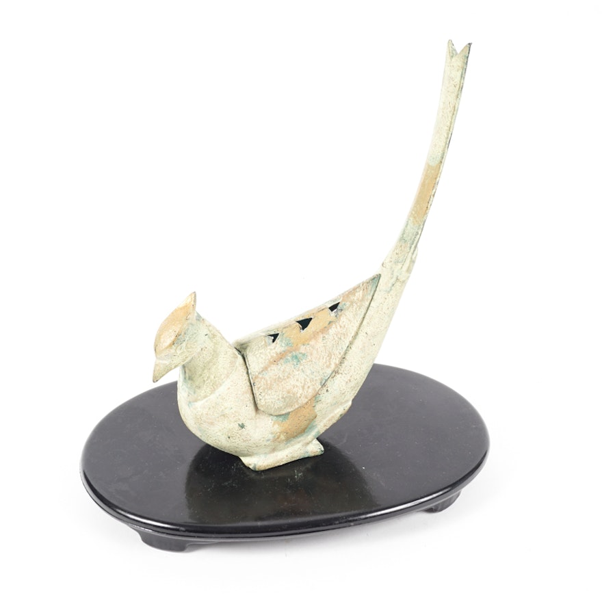 Cast Metal Japanese Partridge Incense Burner with Stand