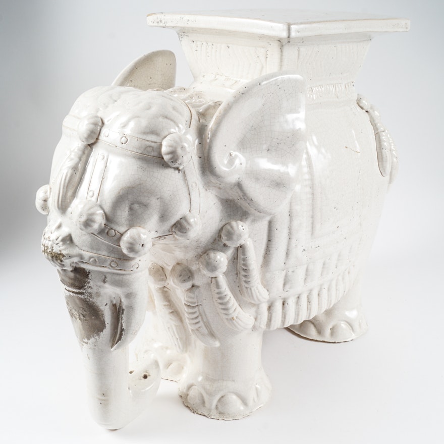 Vietnamese Ceramic Glazed Blanc de Chine Elephant End Table