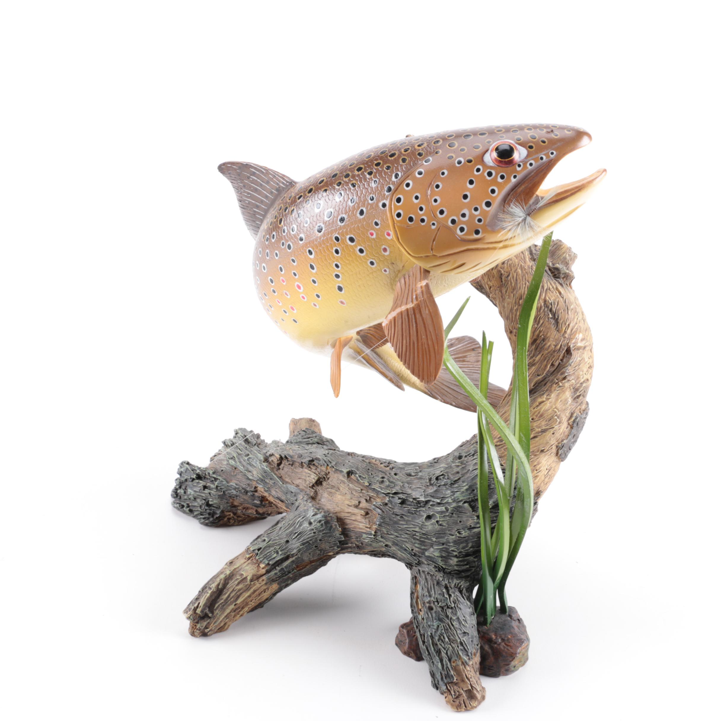 Hand Painted Carved Wood Sculpture of a Fish on a Line