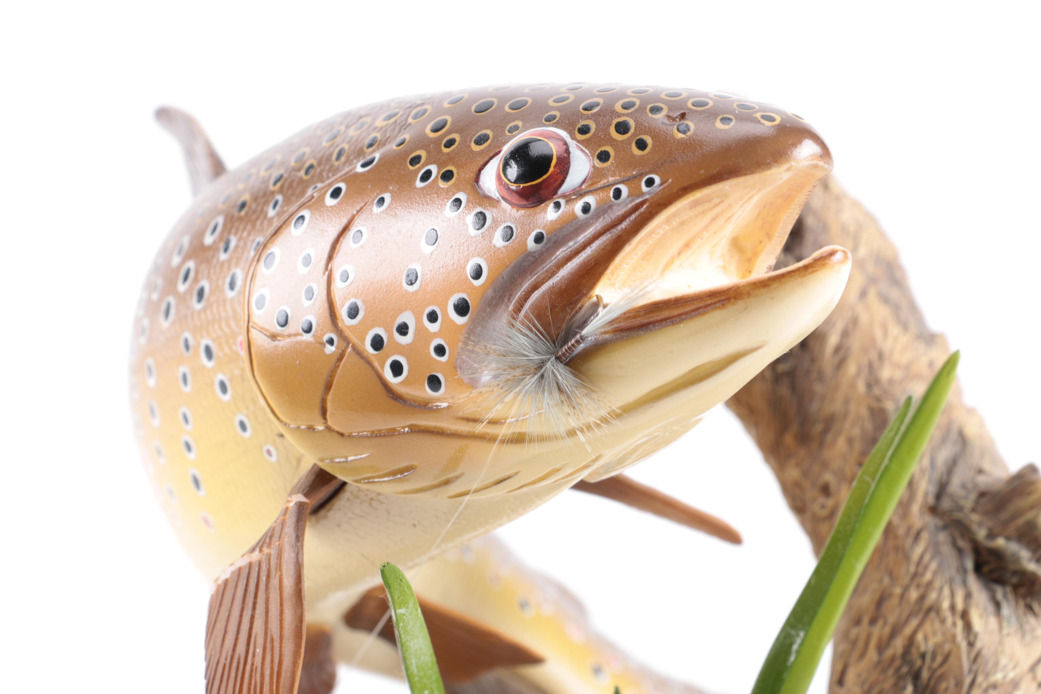 Hand Painted Carved Wood Sculpture of a Fish on a Line