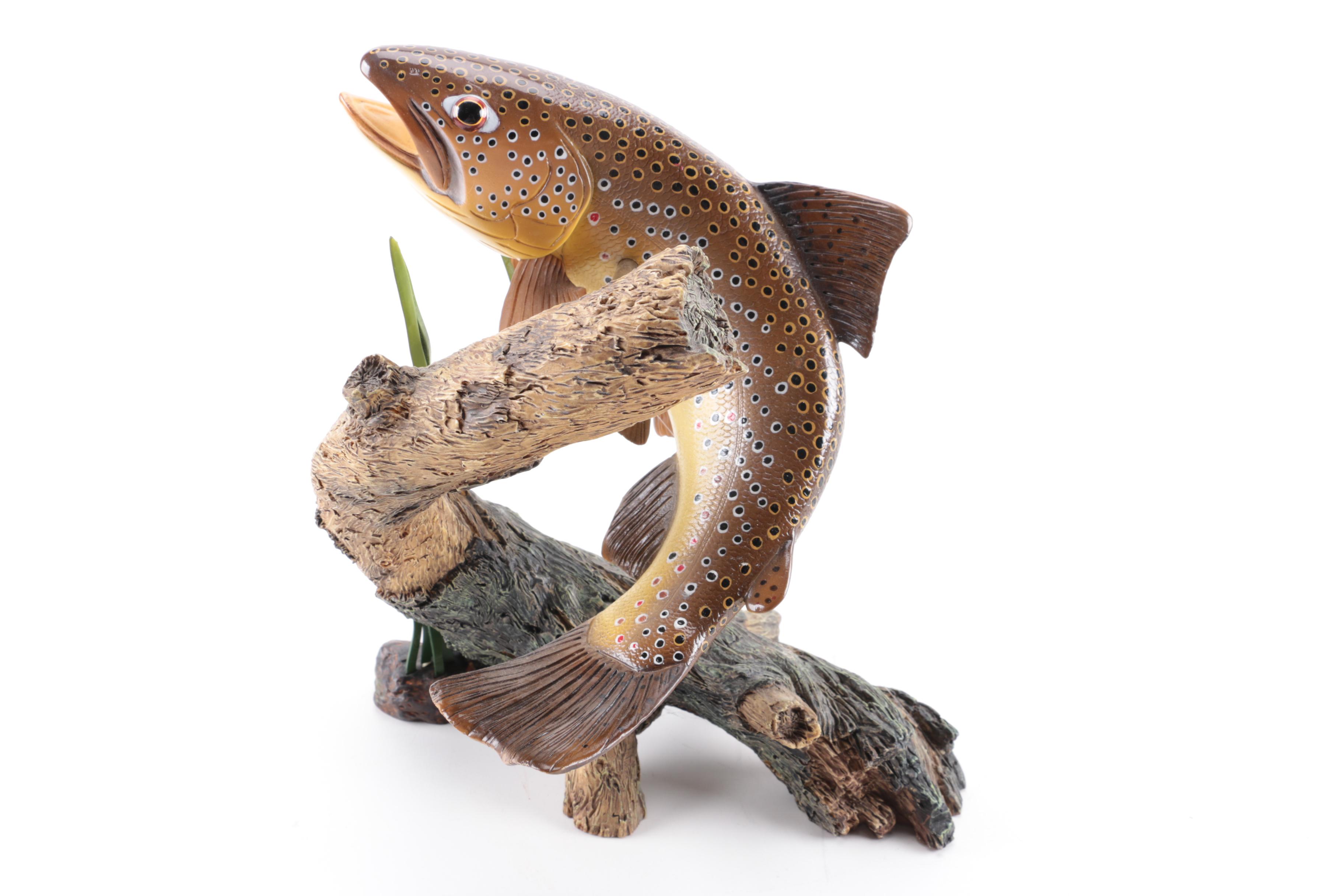 Hand Painted Carved Wood Sculpture of a Fish on a Line