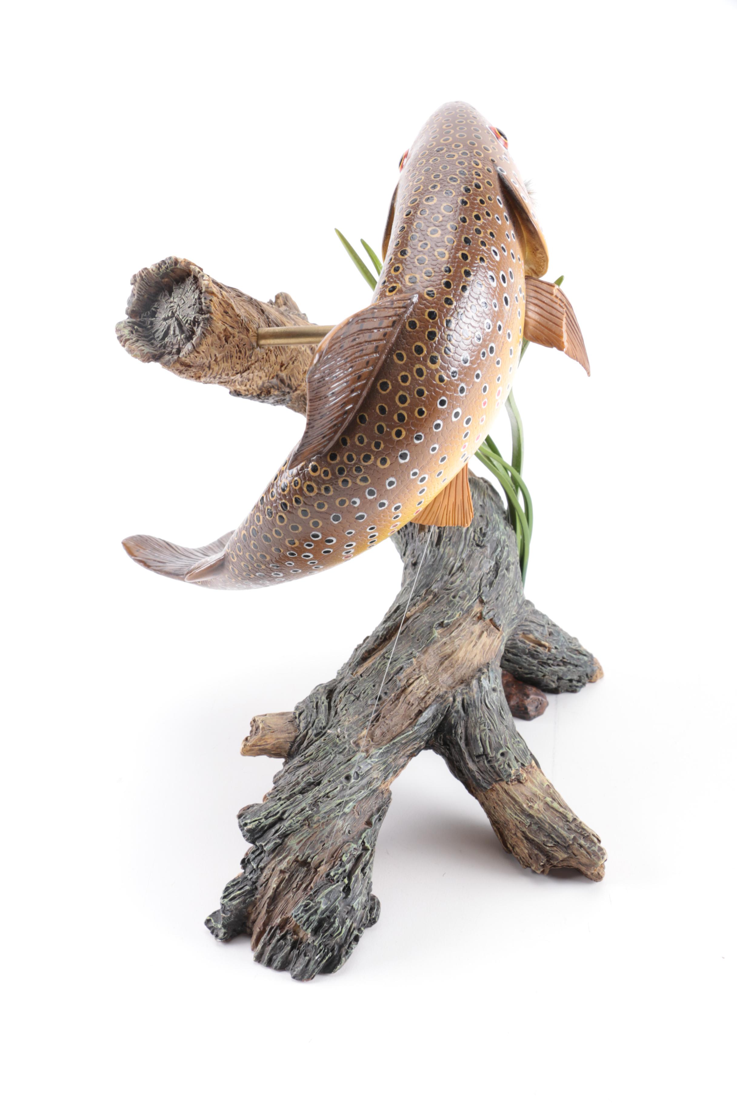Hand Painted Carved Wood Sculpture of a Fish on a Line