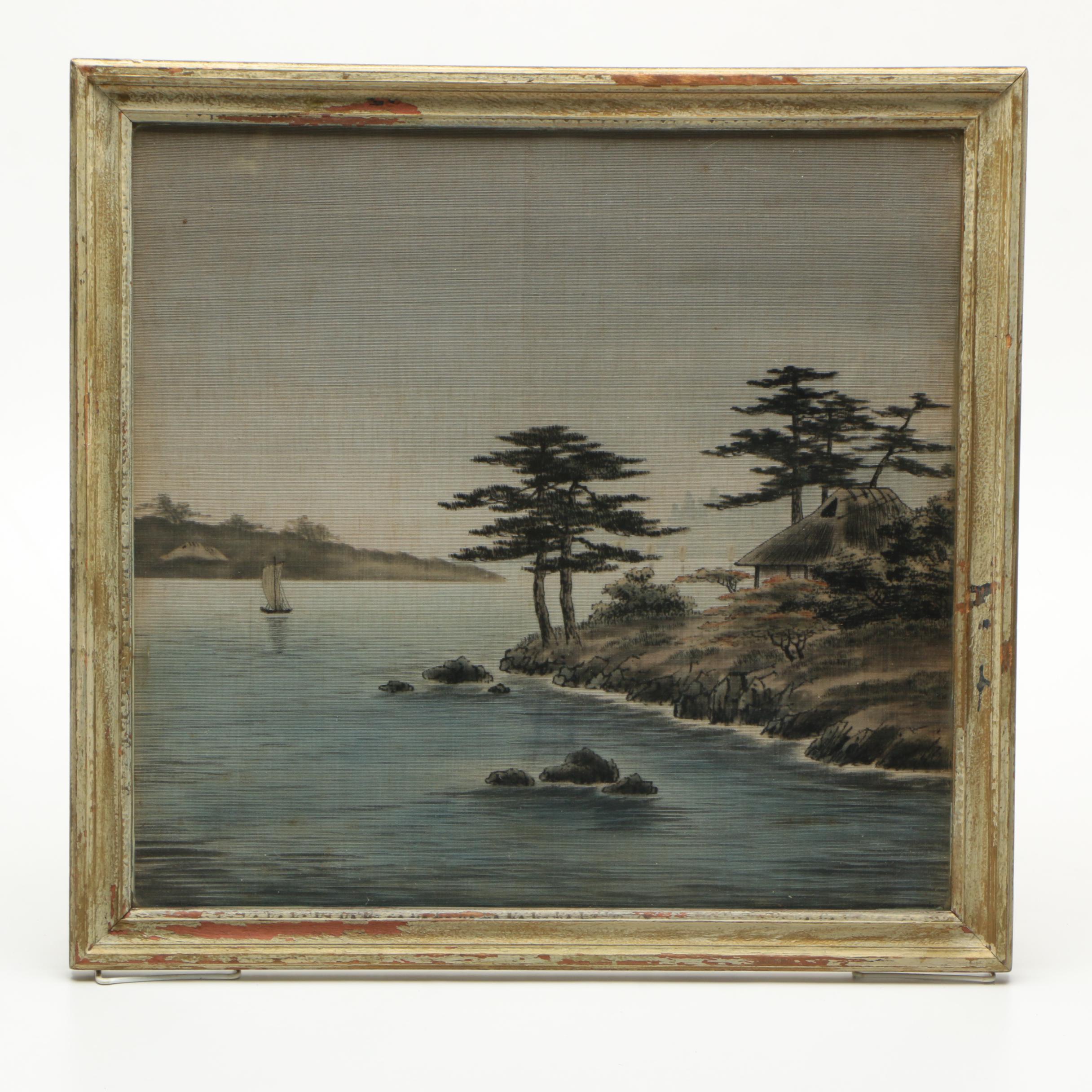 East Asian-Style Watercolor & Ink on Linen of a Landscape