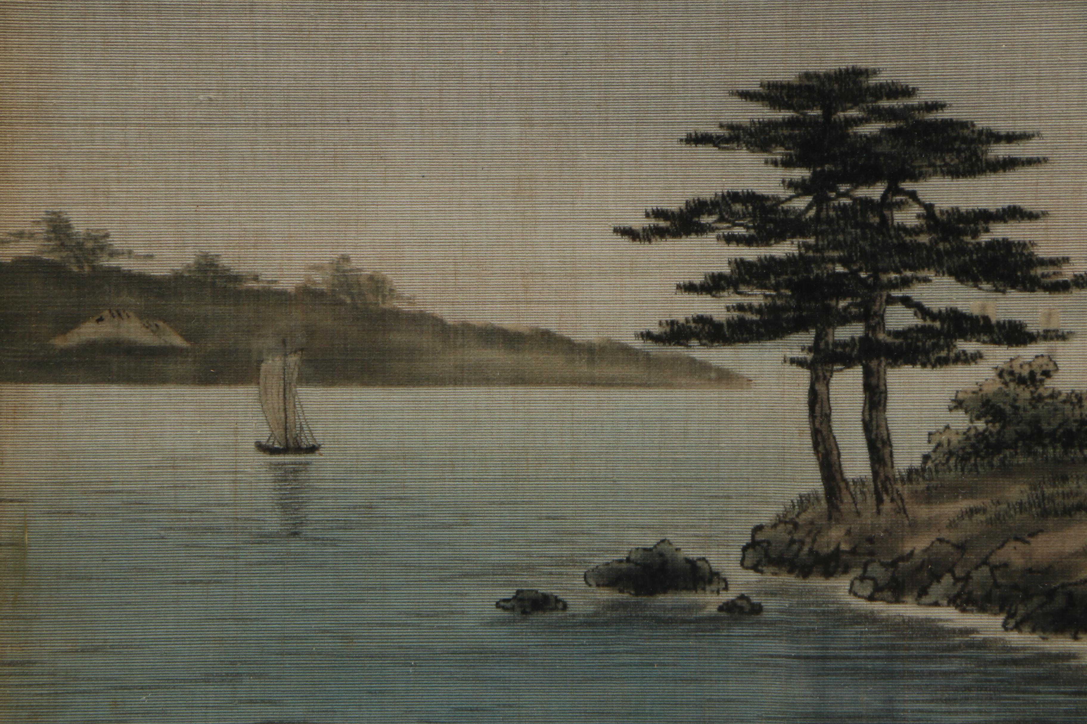 East Asian-Style Watercolor & Ink on Linen of a Landscape