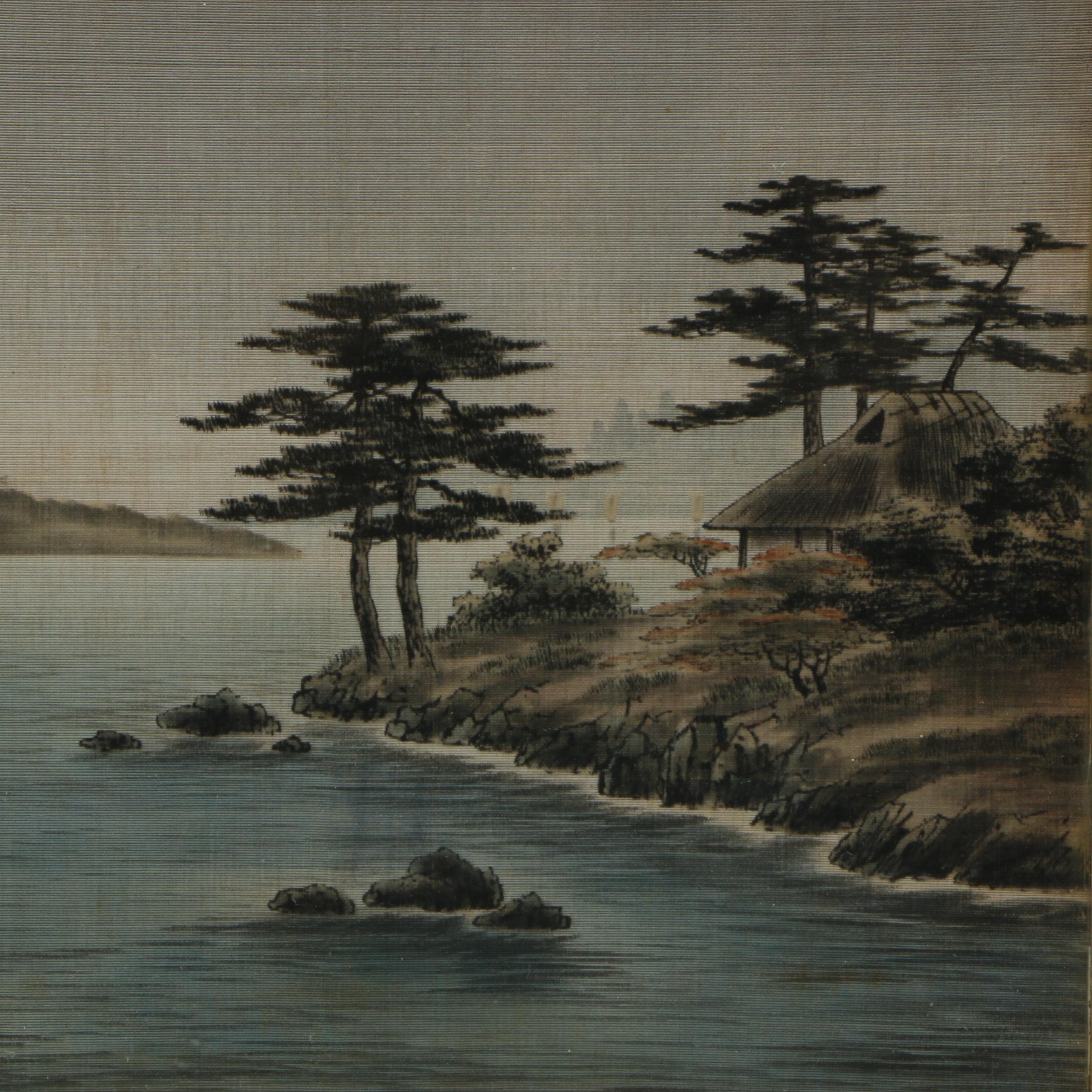 East Asian-Style Watercolor & Ink on Linen of a Landscape