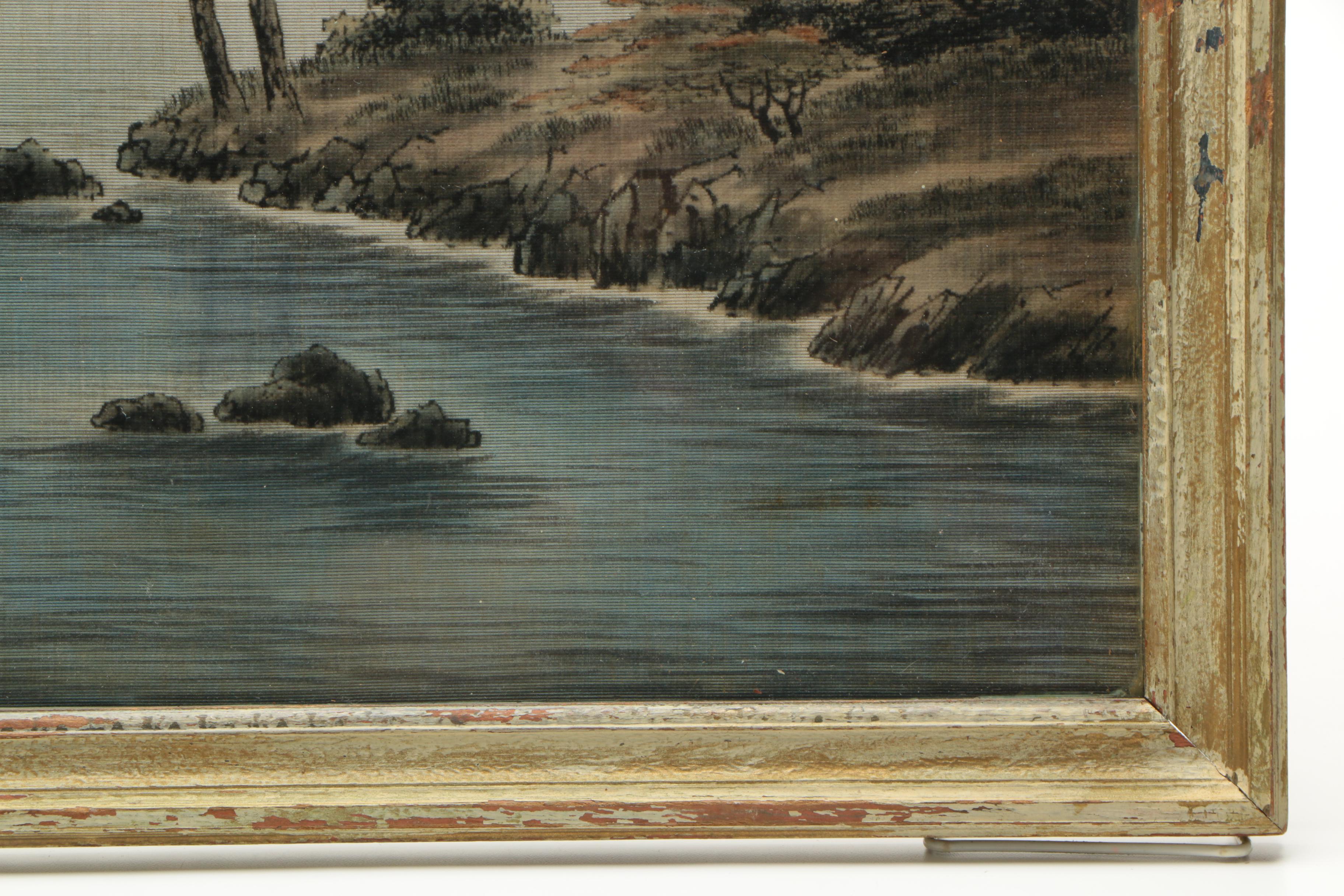 East Asian-Style Watercolor & Ink on Linen of a Landscape