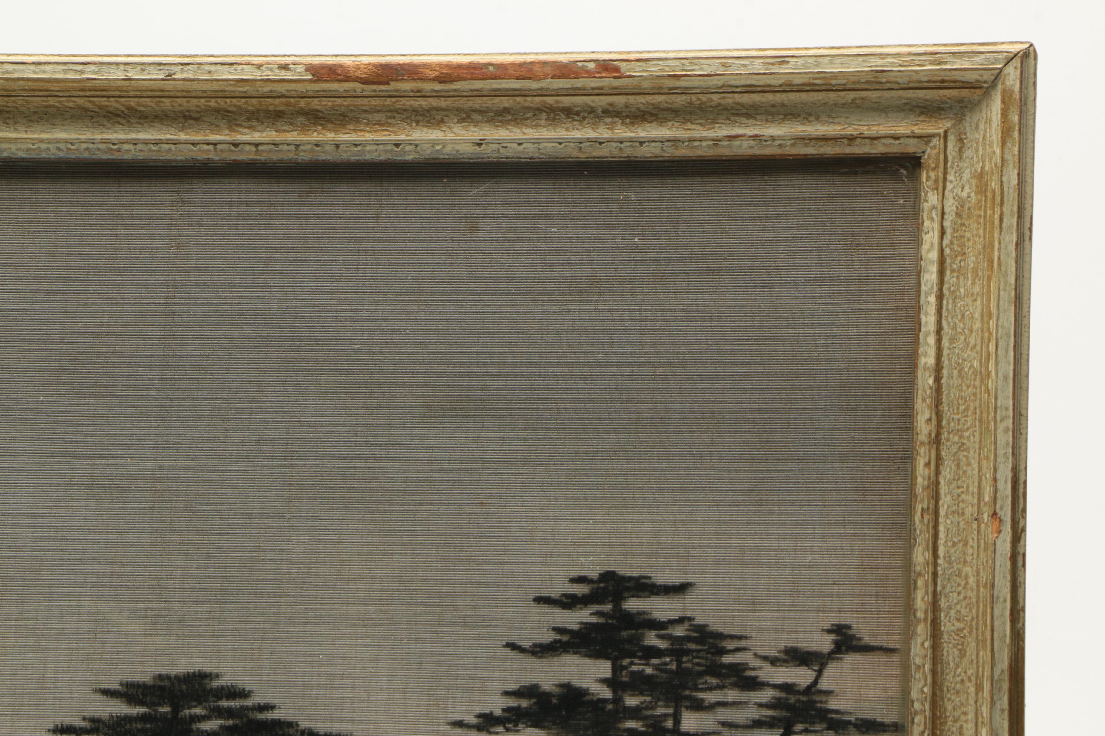 East Asian-Style Watercolor & Ink on Linen of a Landscape