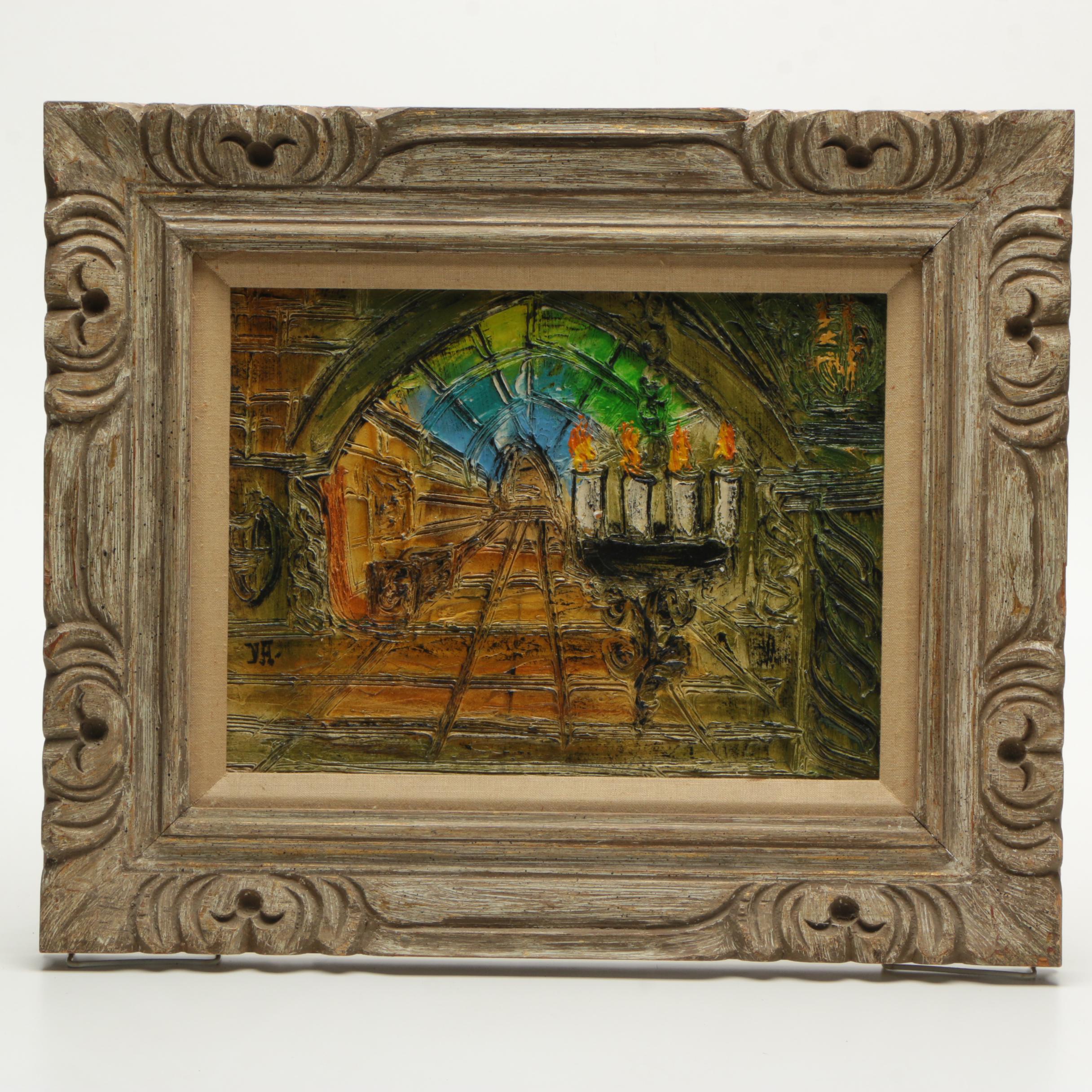 Incised Painting on Carved Wood of an Interior Space