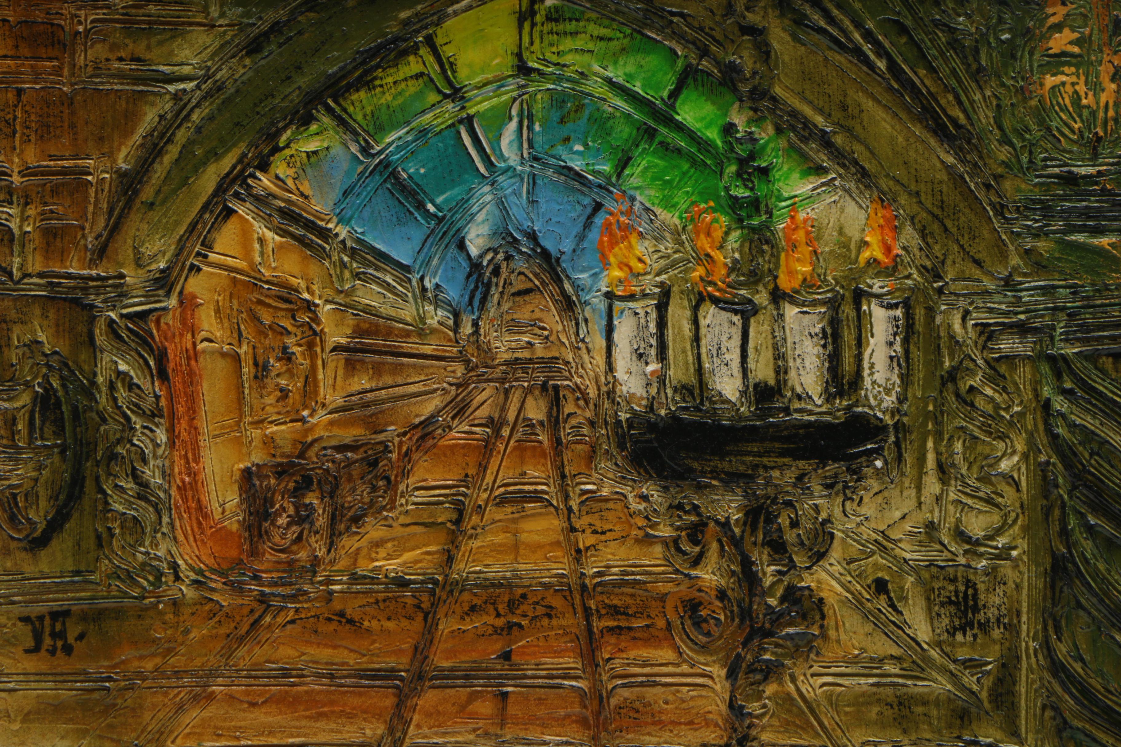 Incised Painting on Carved Wood of an Interior Space