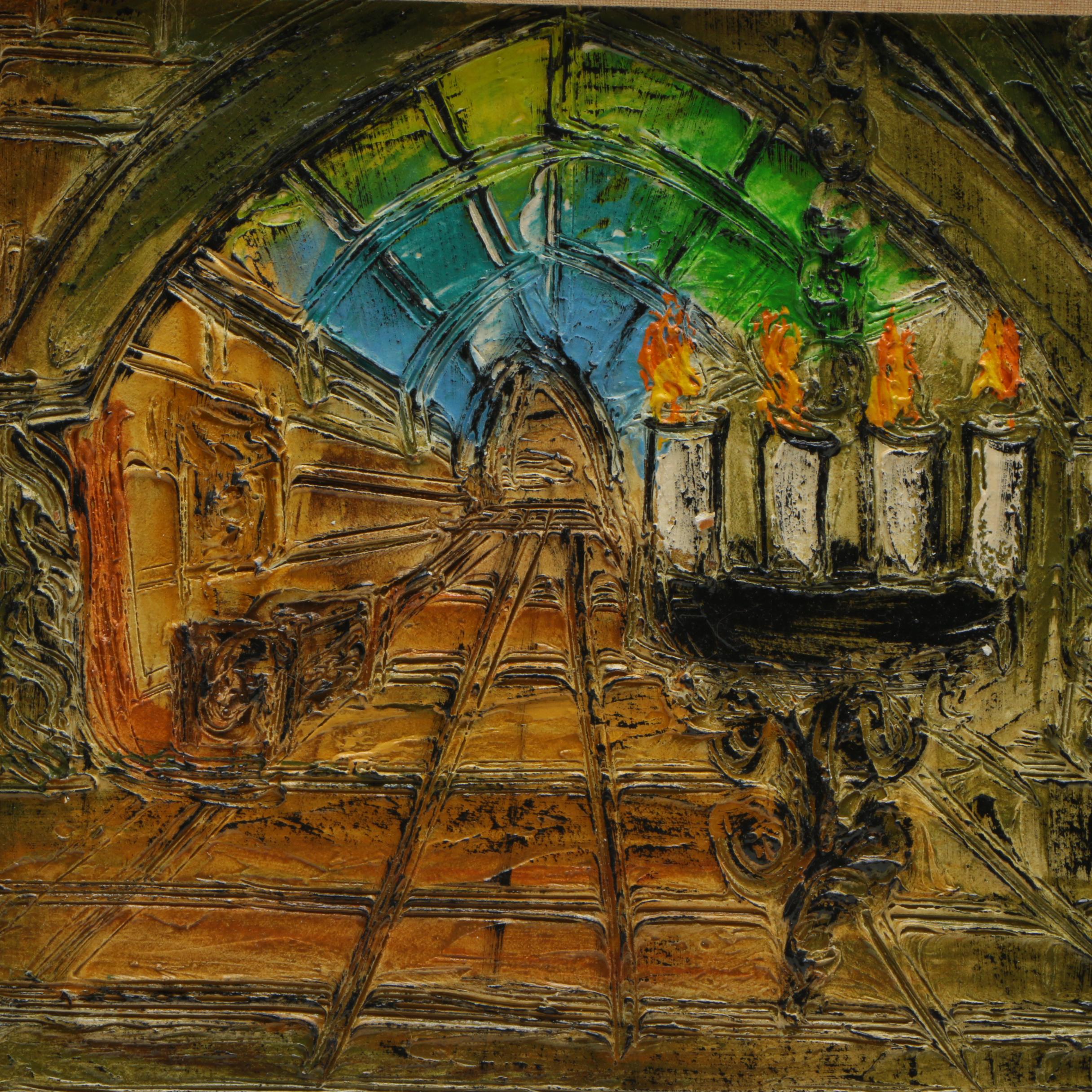 Incised Painting on Carved Wood of an Interior Space