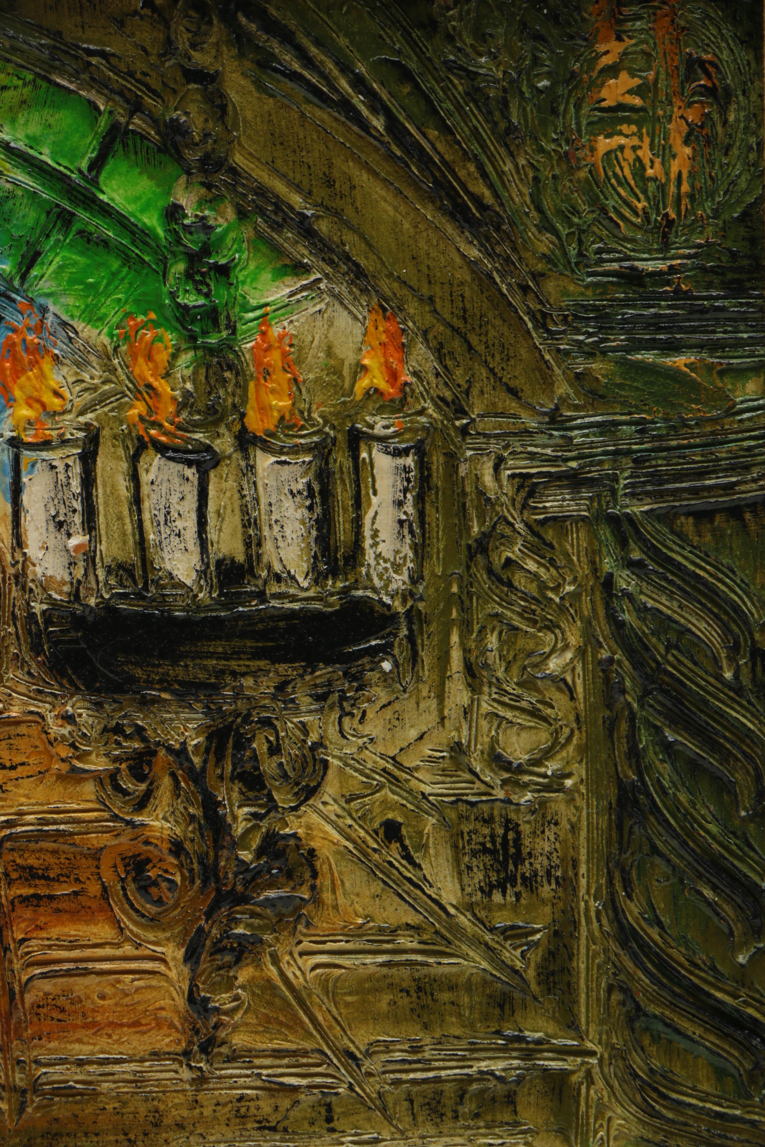Incised Painting on Carved Wood of an Interior Space