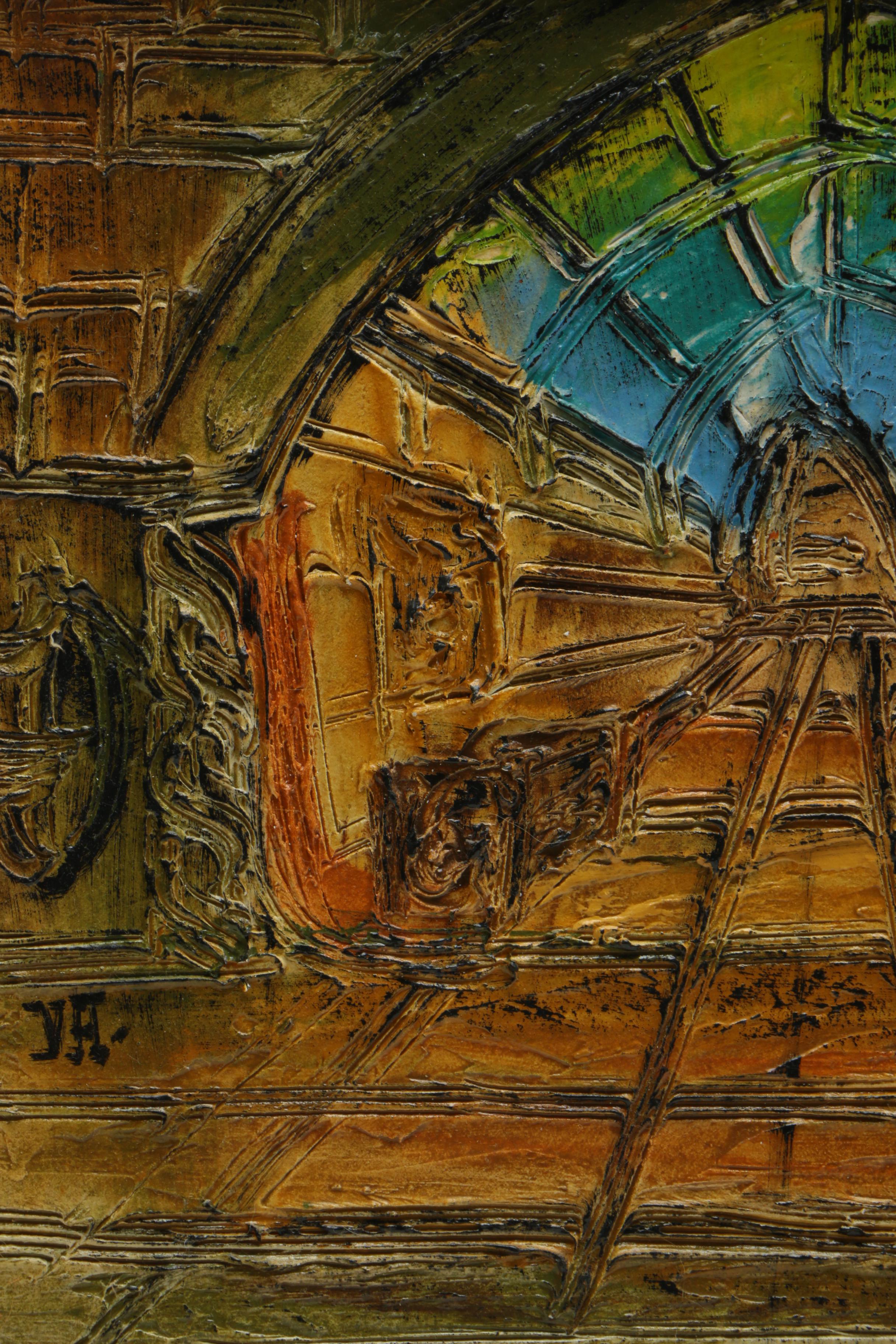 Incised Painting on Carved Wood of an Interior Space