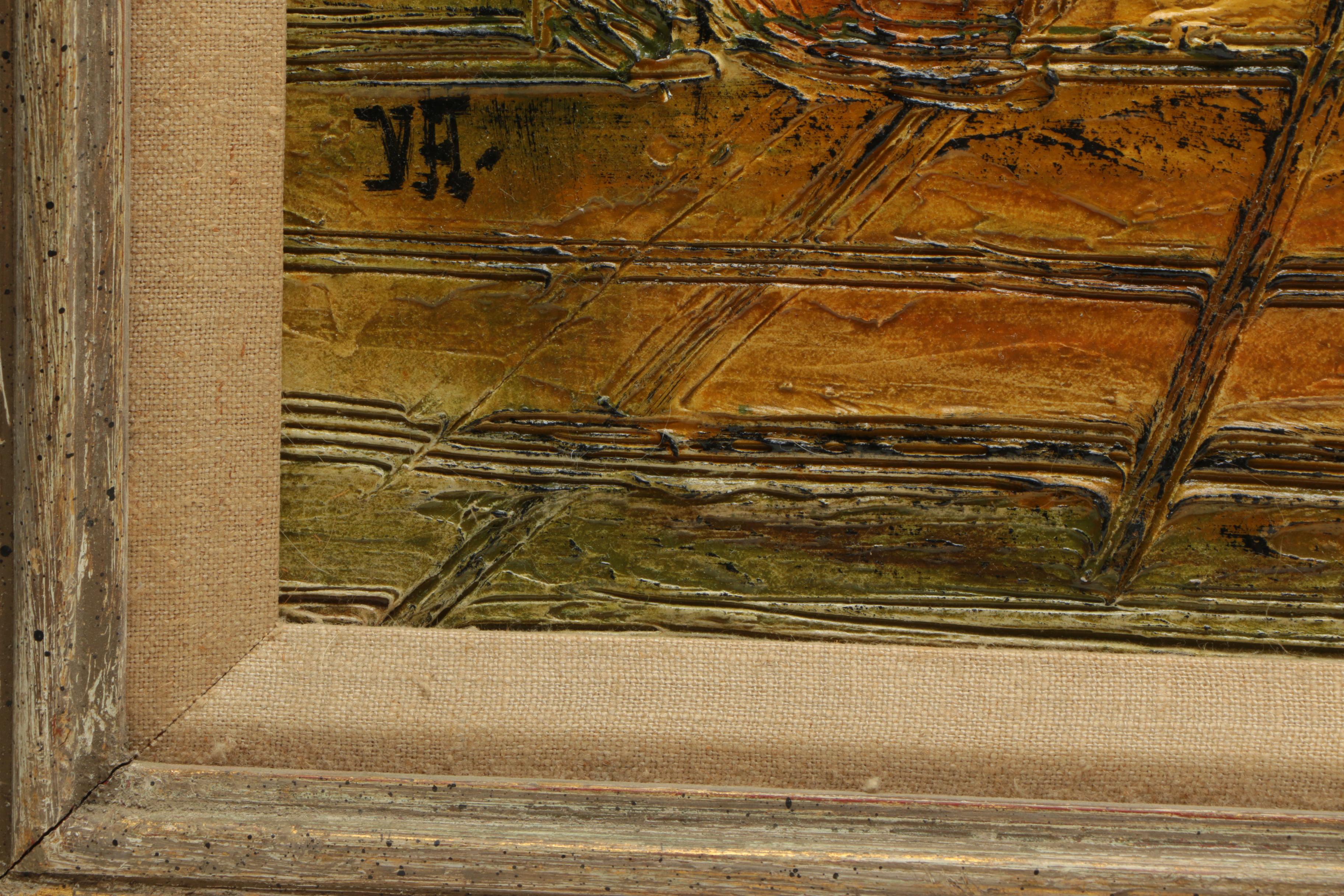 Incised Painting on Carved Wood of an Interior Space