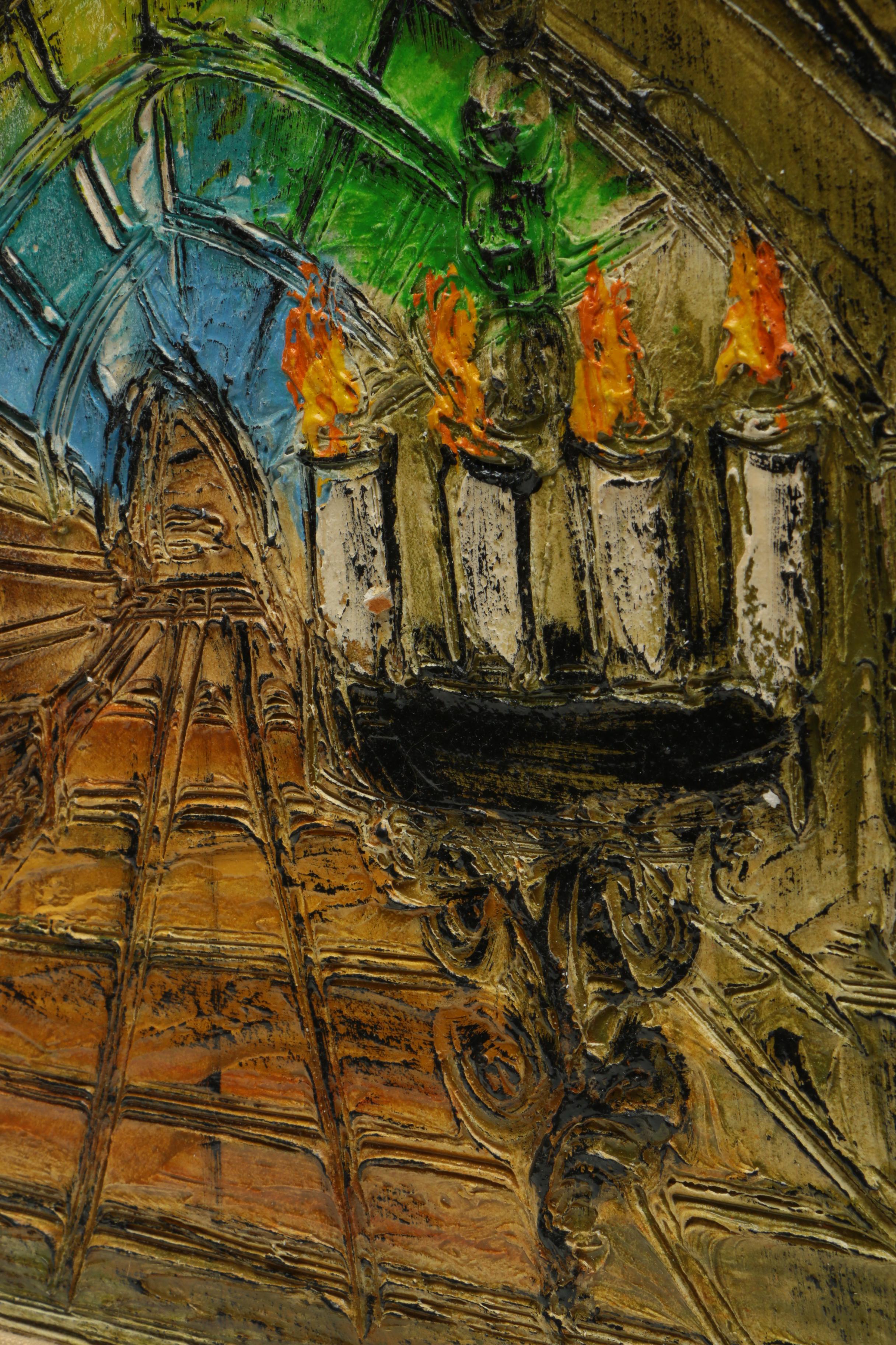 Incised Painting on Carved Wood of an Interior Space