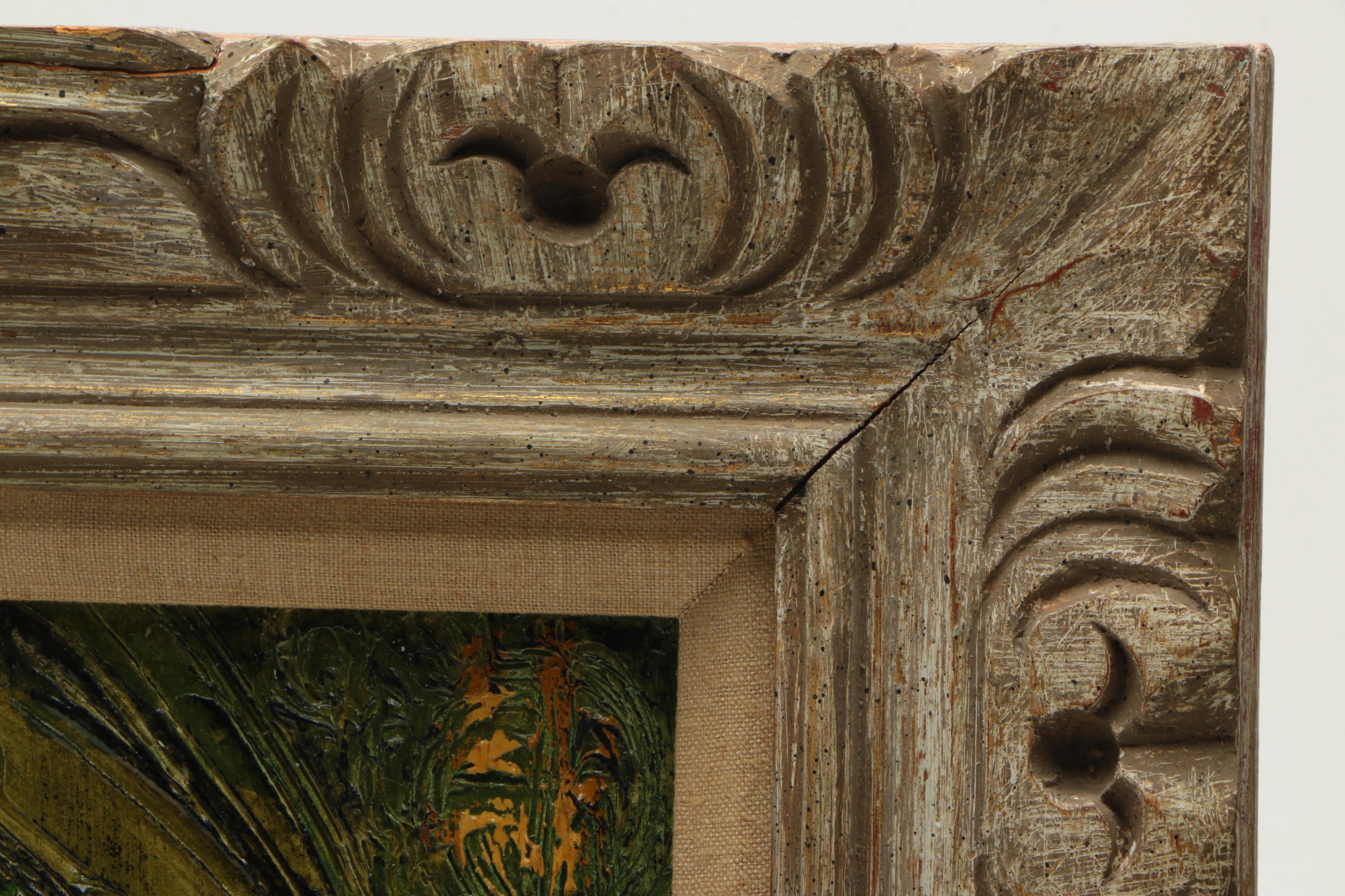 Incised Painting on Carved Wood of an Interior Space