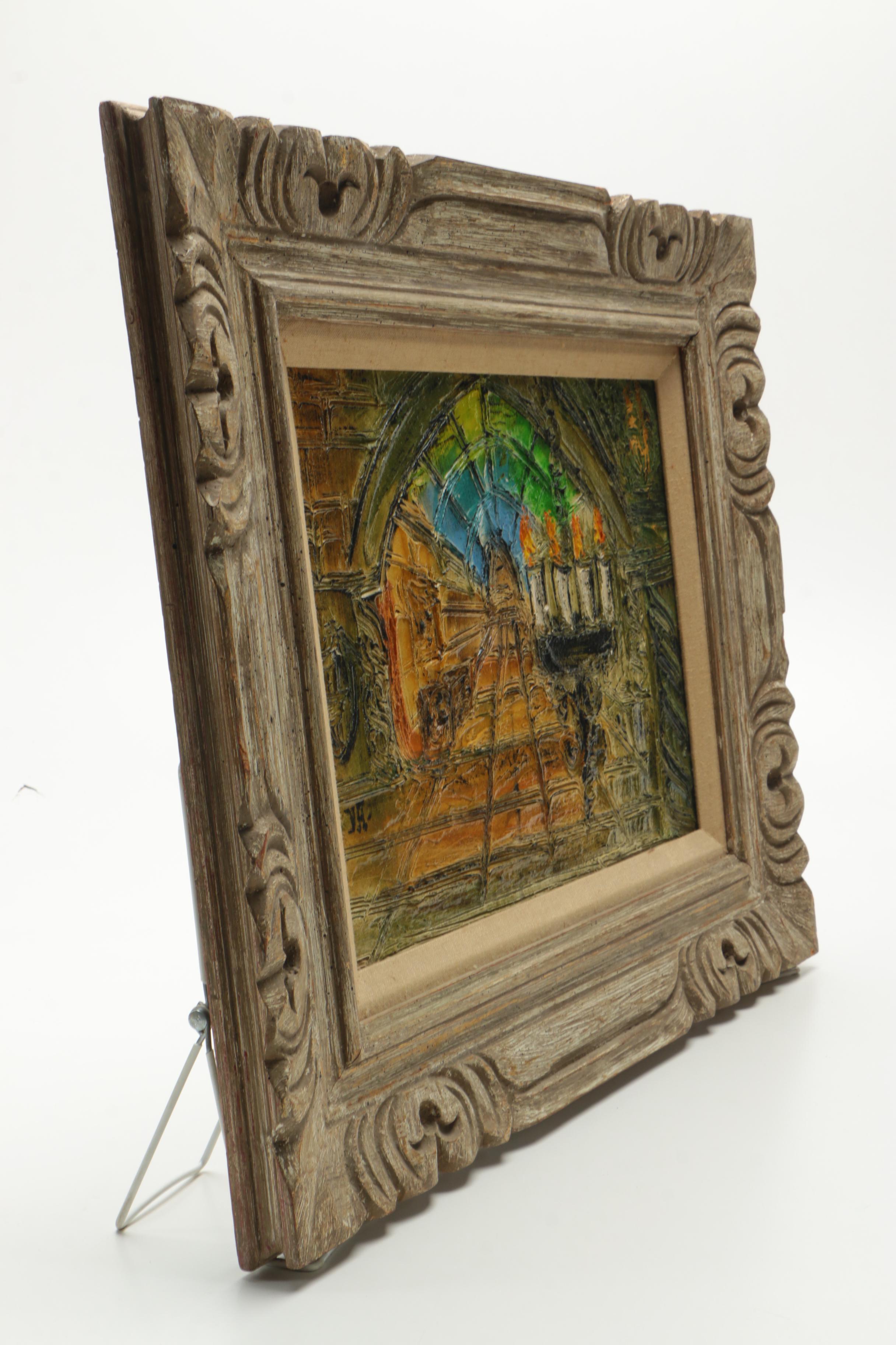 Incised Painting on Carved Wood of an Interior Space