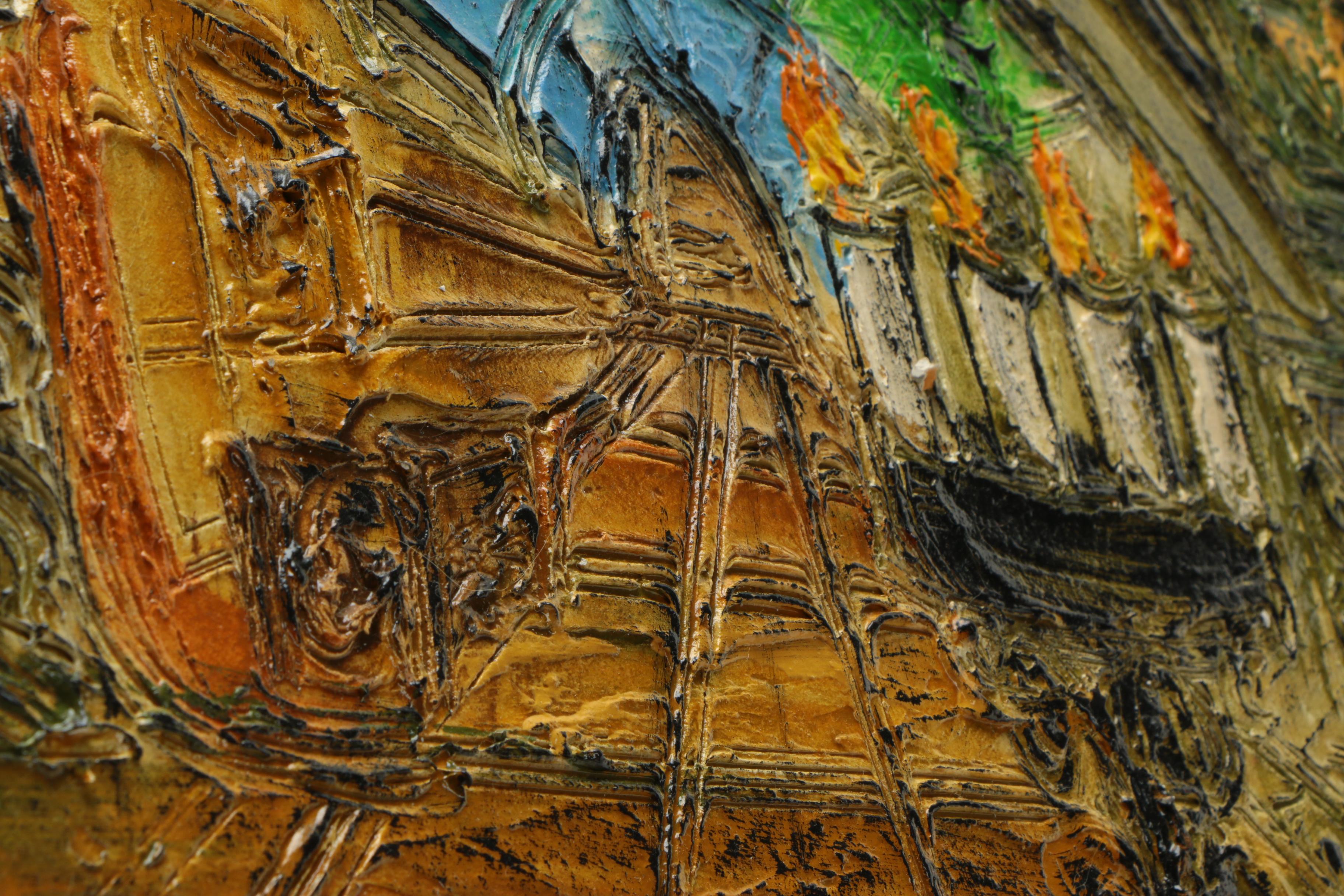 Incised Painting on Carved Wood of an Interior Space
