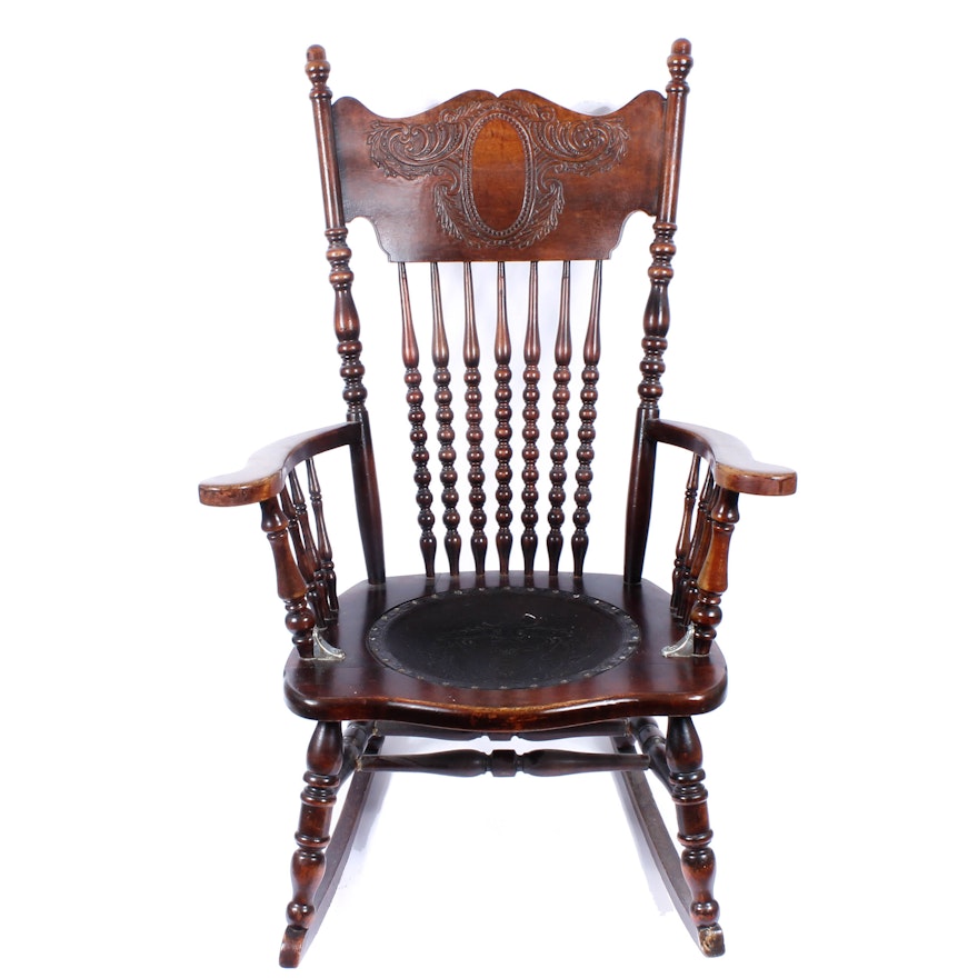 Antique Pressed Back Rocking Chair with Leather Seat
