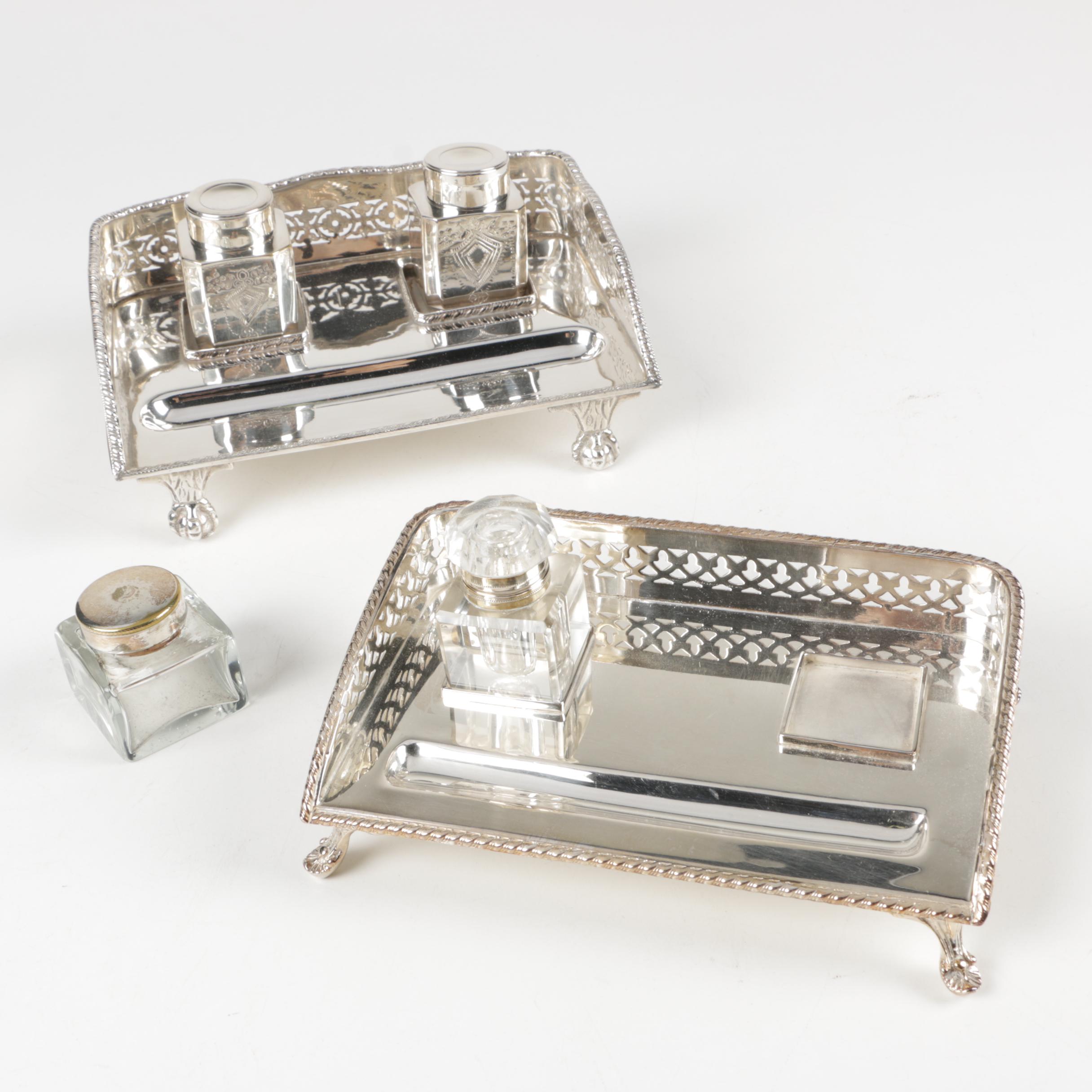 Footed Silver Plate Inkwell Desk Sets