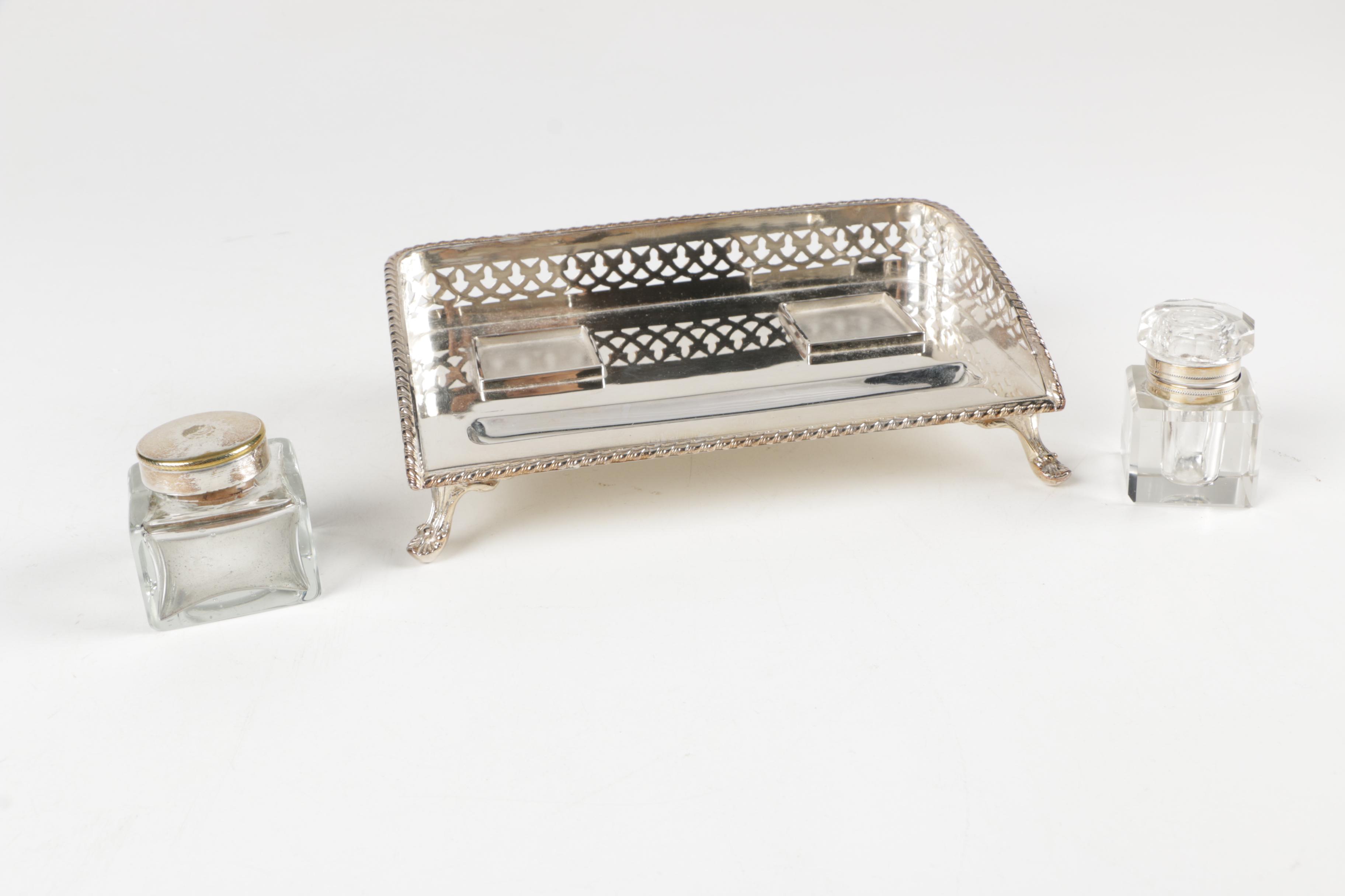 Footed Silver Plate Inkwell Desk Sets