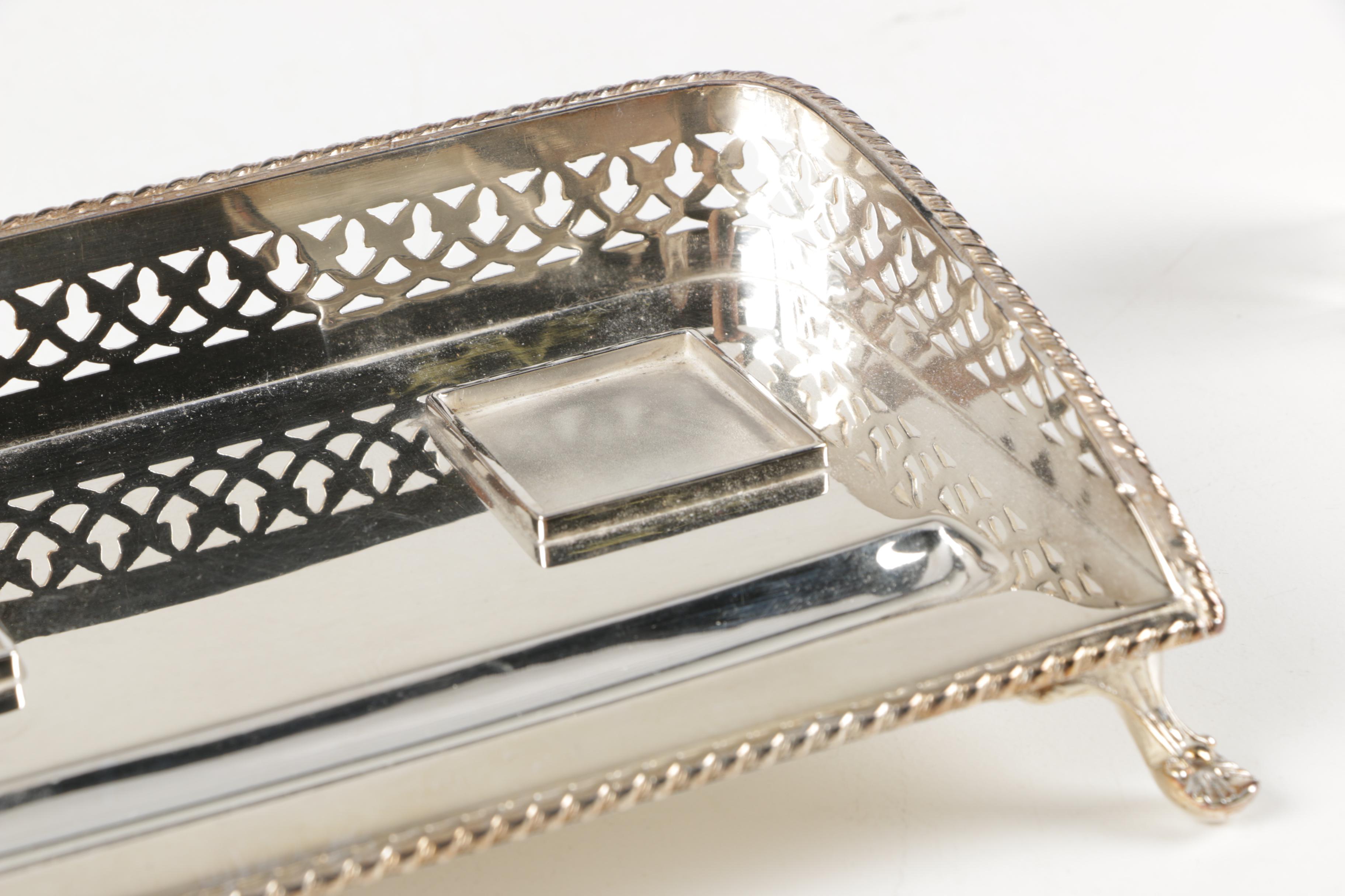 Footed Silver Plate Inkwell Desk Sets