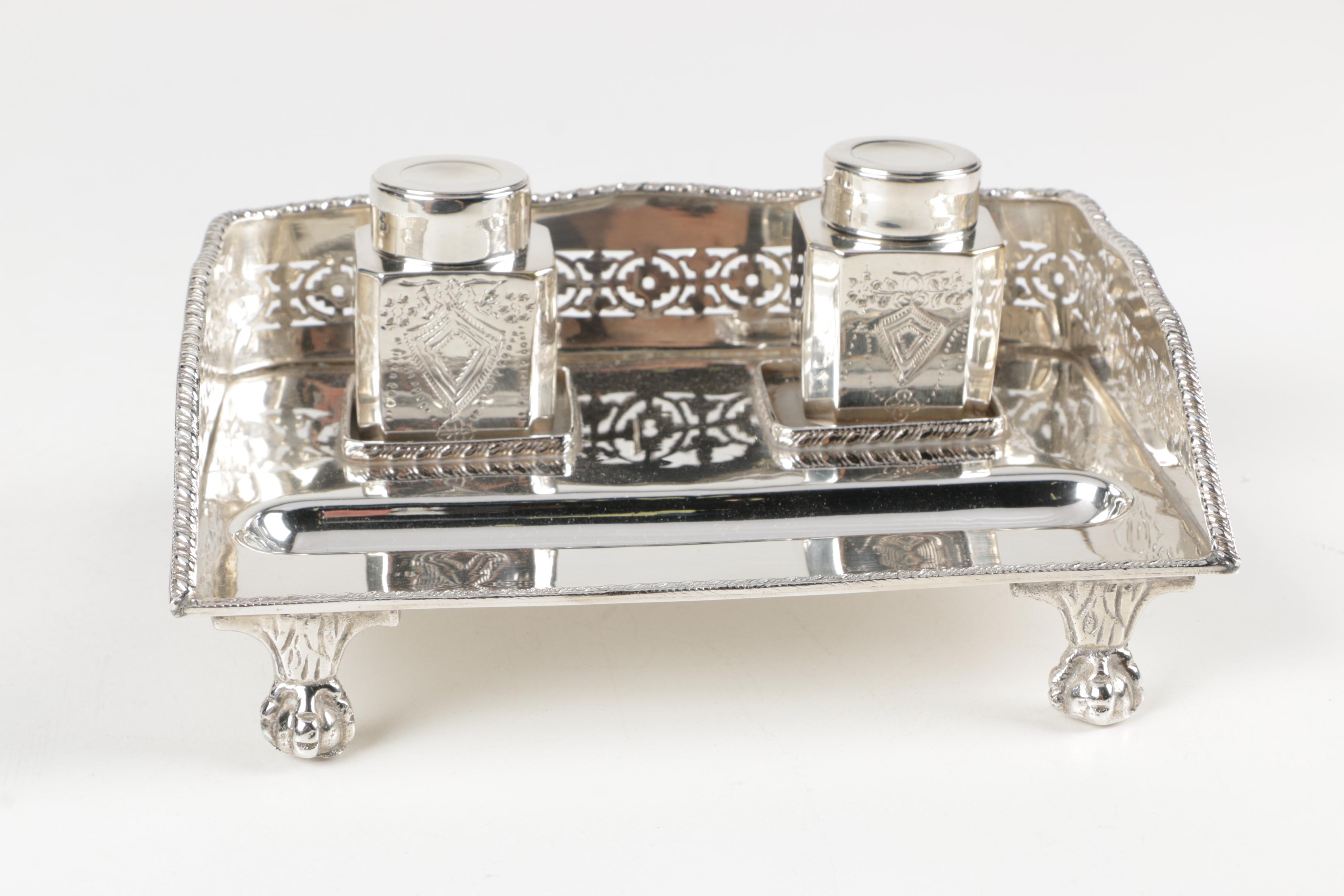 Footed Silver Plate Inkwell Desk Sets